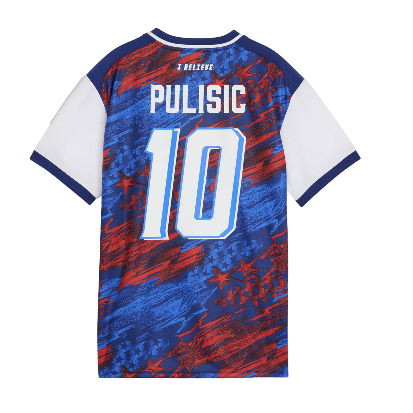 The back of a patriotic-themed soccer jersey featuring the name "PULISIC" and number "10" in large white block letters. The main body of the jersey has a dynamic red and blue graphic pattern with stars and brushstroke textures. The sleeves are solid white