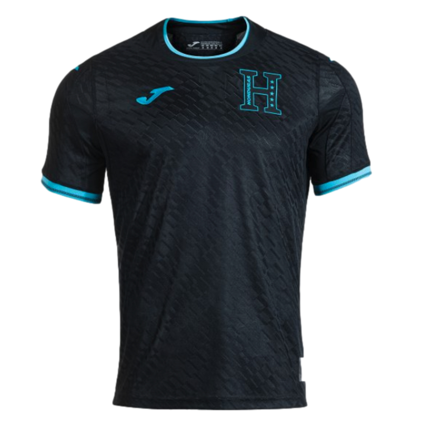 A black Honduras national football team soccer jersey by Joma, featuring bright cyan trim on the collar and sleeve cuffs, a textured geometric pattern, and a large cyan "H" crest on the left chest.