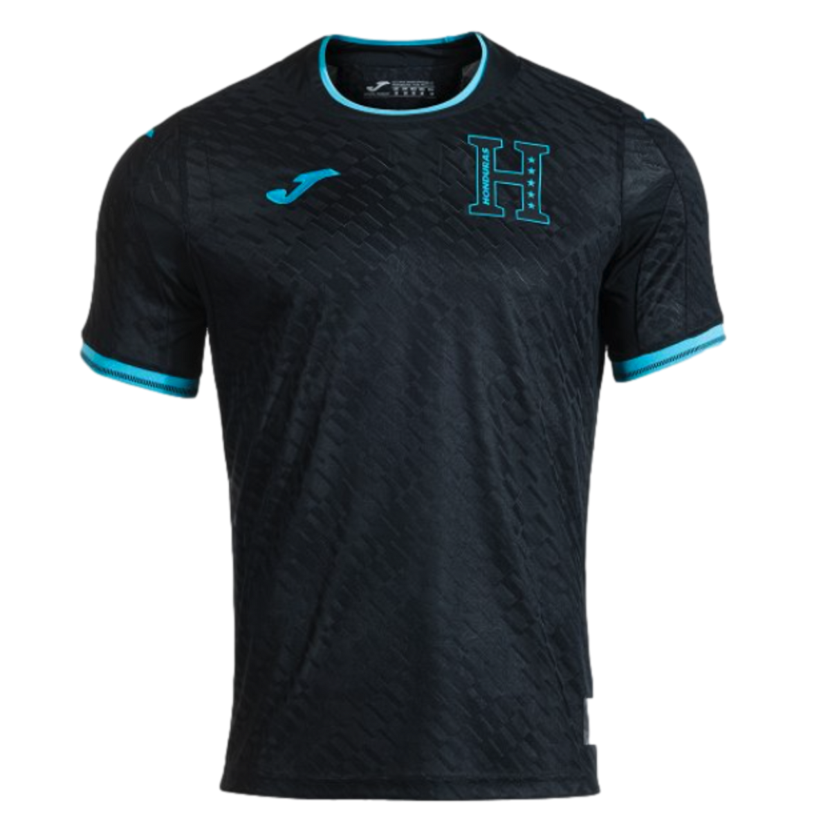 A black Honduras national football team soccer jersey by Joma, featuring bright cyan trim on the collar and sleeve cuffs, a textured geometric pattern, and a large cyan "H" crest on the left chest.