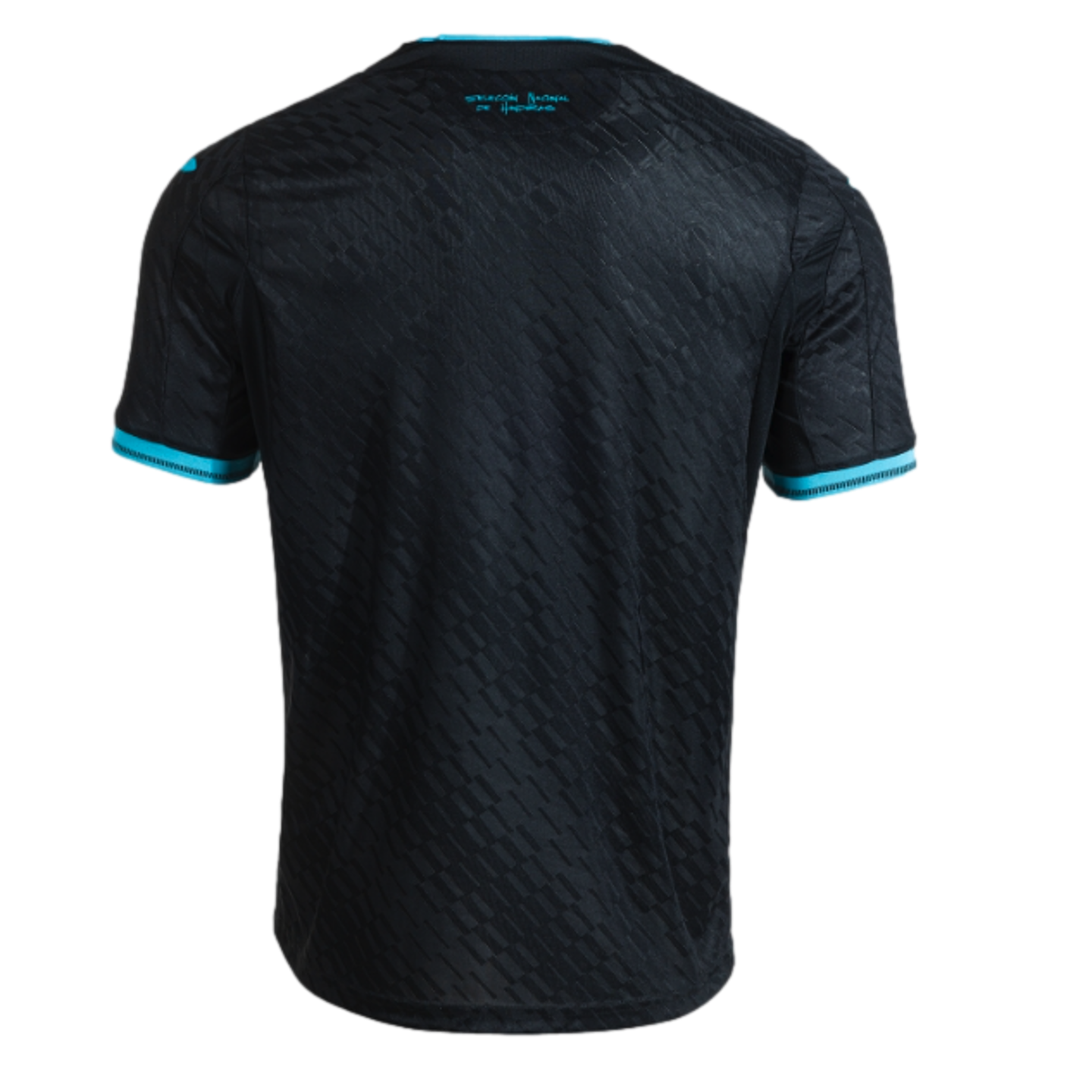 The back view of a black short-sleeved soccer jersey with a subtle, repeating geometric pattern. The sleeve cuffs and back of the collar are accented with bright turquoise trim. Centered just below the collar is small turquoise text that reads, "SELECCIÓN