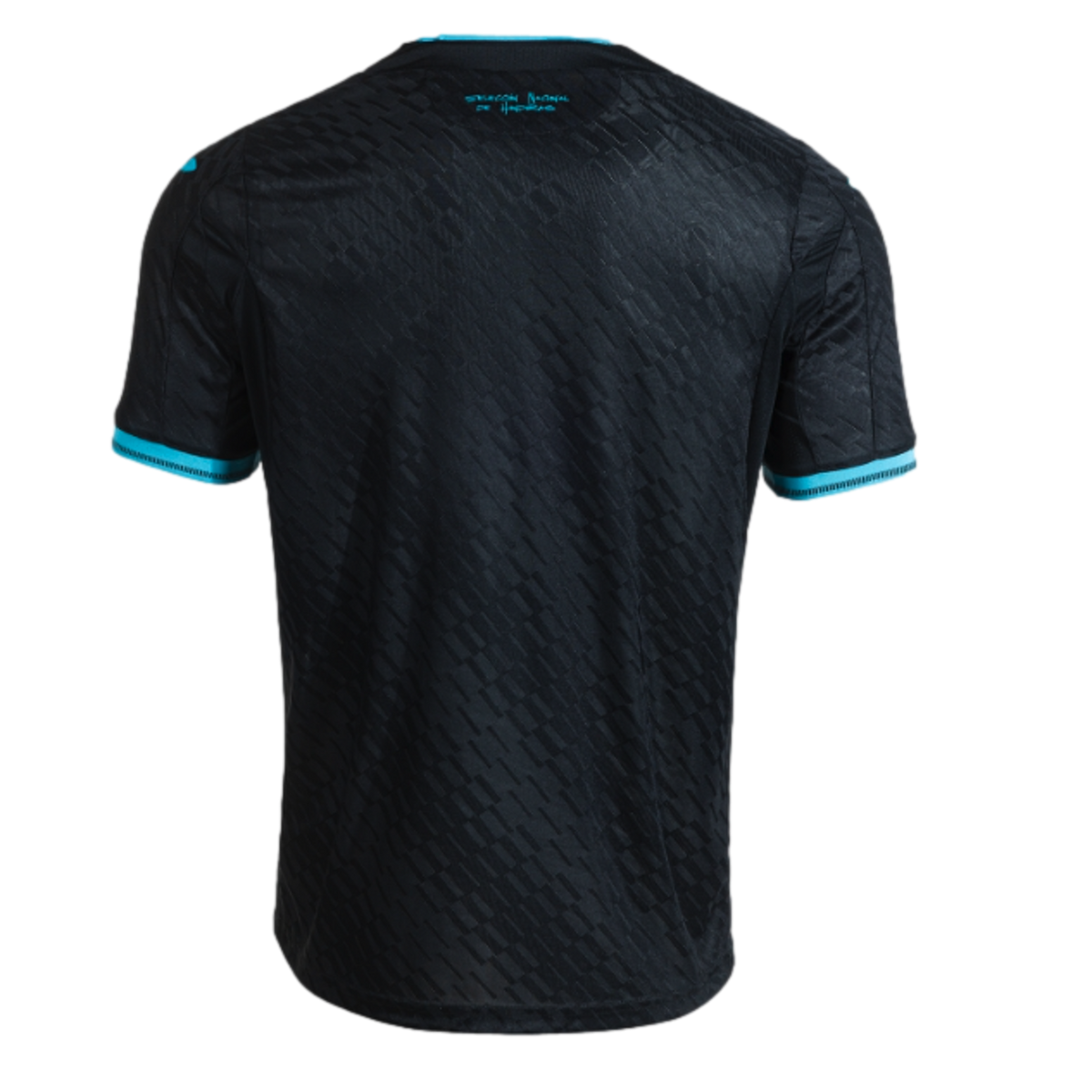 The back view of a black short-sleeved soccer jersey with a subtle, repeating geometric pattern. The sleeve cuffs and back of the collar are accented with bright turquoise trim. Centered just below the collar is small turquoise text that reads, "SELECCIÓN