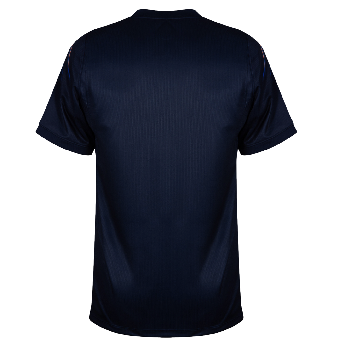 A back view of a navy blue, short-sleeved athletic jersey with subtle vertical texture and faint colorful accents on the shoulders, set against a solid black background.
