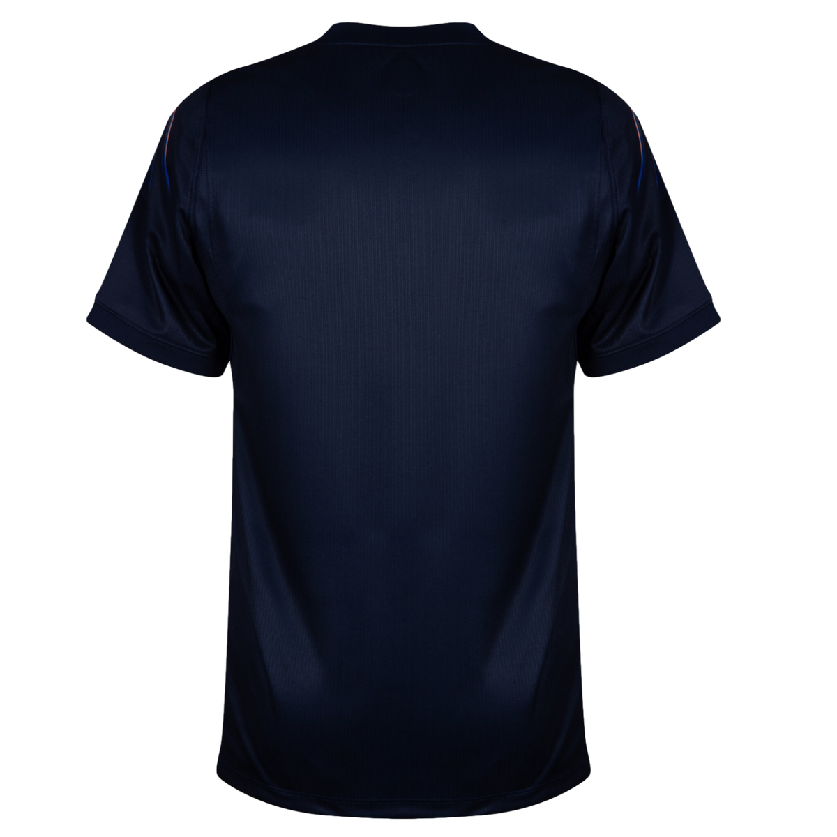 A back view of a navy blue, short-sleeved athletic jersey with subtle vertical texture and faint colorful accents on the shoulders, set against a solid black background.