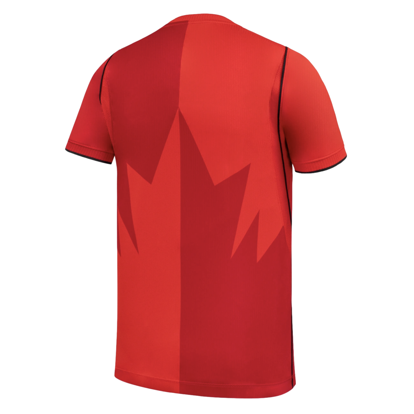 The back of a short-sleeved red athletic jersey against a solid black background. A large, stylized maple leaf design spans the back, split vertically with contrasting shades of lighter and darker red on either side. Thin black lines trim the sleeve cuffs