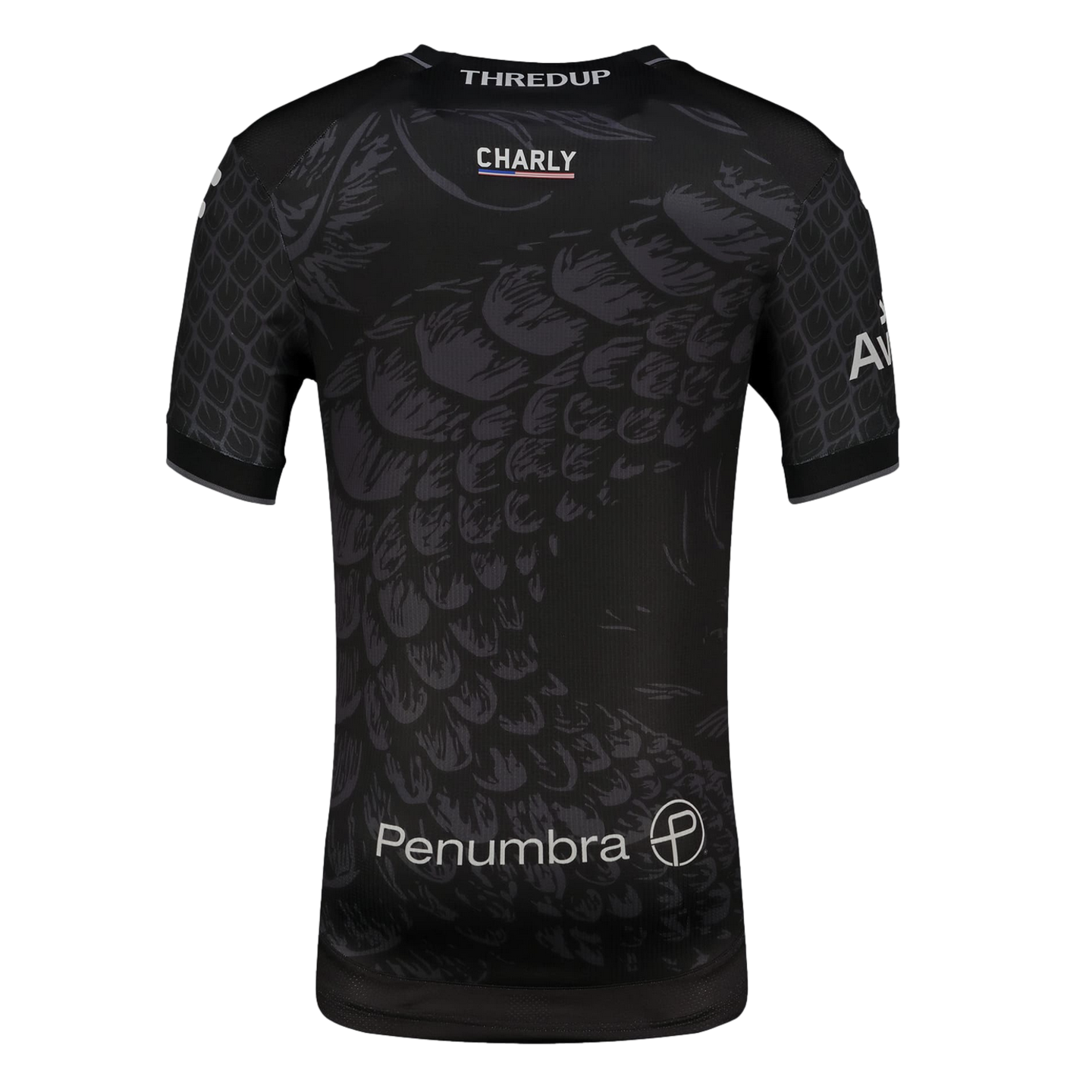 The back view of a black short-sleeved sports jersey featuring a tonal grey pattern of overlapping scales. Several logos are printed in white: "THREDUP" at the collar, "CHARLY" in the center upper back, and "Penumbra" alongside a circular logo at the bott