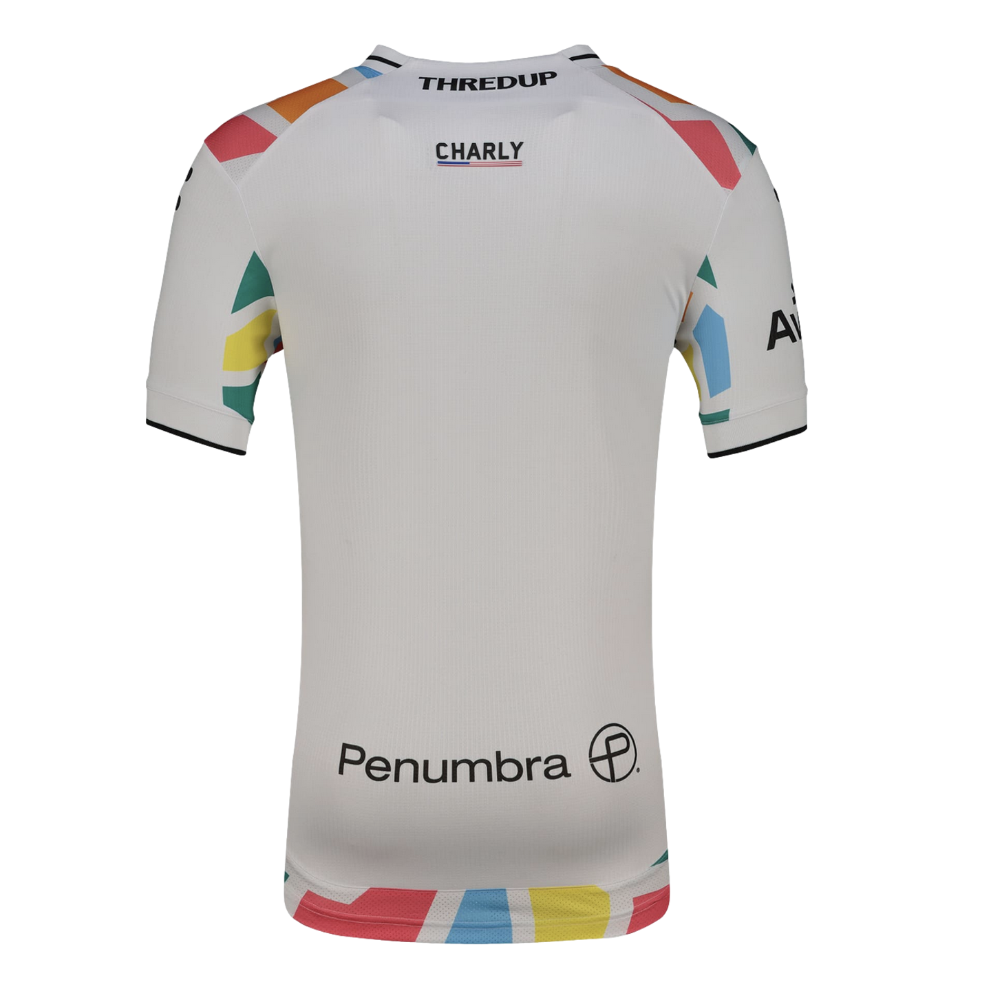 The back of a white short-sleeved sports jersey with colorful geometric patterns on the sleeves and hem. Several black logos are centered on the back, including "THREDUP", "CHARLY", and "Penumbra."