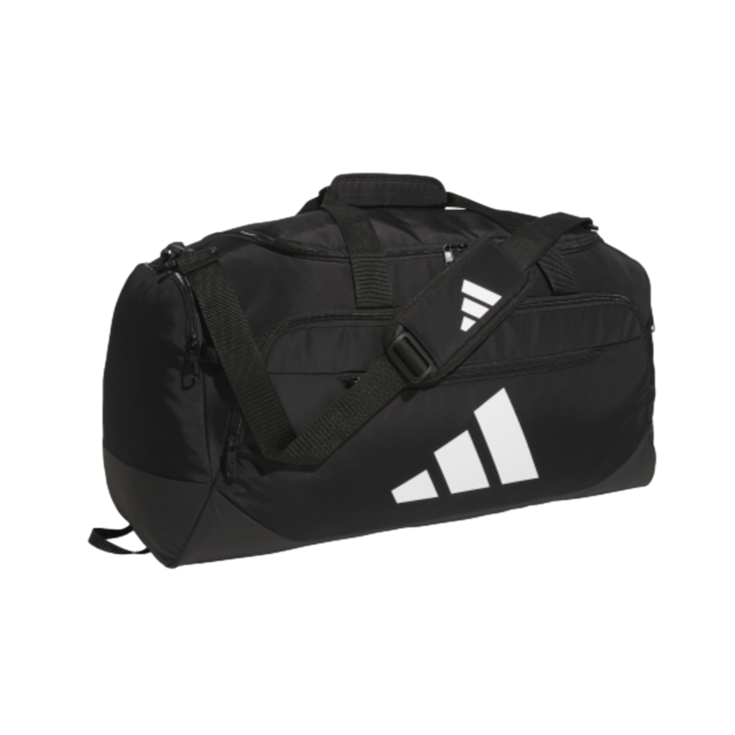 A black Adidas duffel bag with a large white three-stripe logo on the front and a padded shoulder strap against a black background.