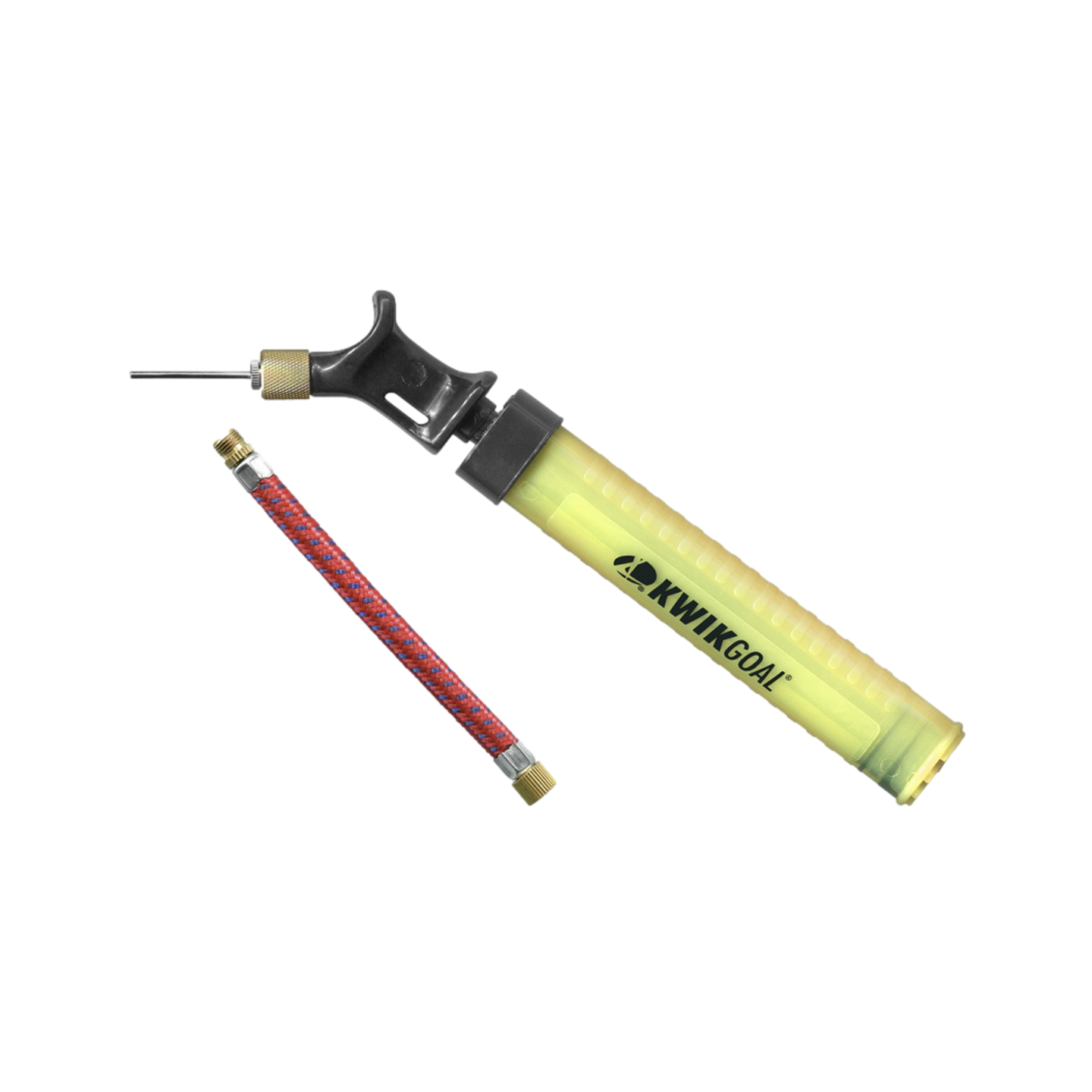 A Kwik Goal manual ball pump kit, featuring a translucent yellow pump body with a black handle and needle, alongside a red and blue braided extension hose with brass fittings, set against a black background.