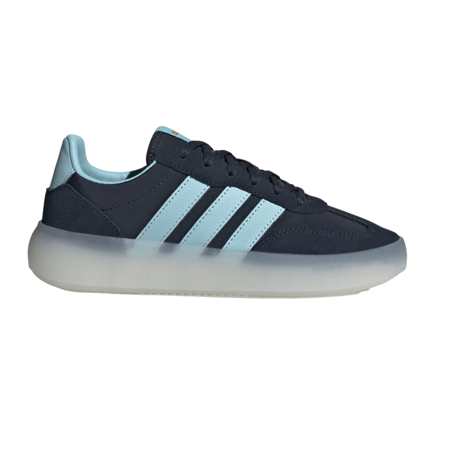 Profile of a navy blue Adidas sneaker with light blue stripes and a thick, translucent white sole against a solid black background.