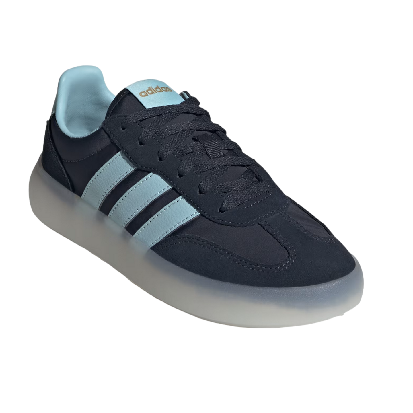 A navy blue Adidas sneaker with light blue stripes and a thick, translucent platform sole.