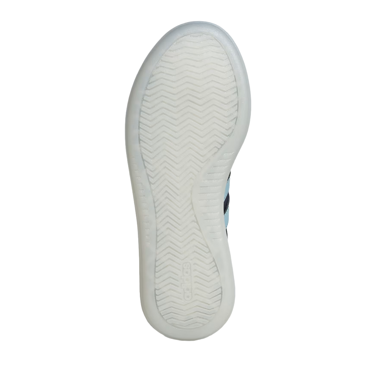 A bottom-up view of a white, translucent Adidas sneaker outsole against a black background. The outsole features a classic herringbone tread pattern and an embossed Adidas logo near the heel.