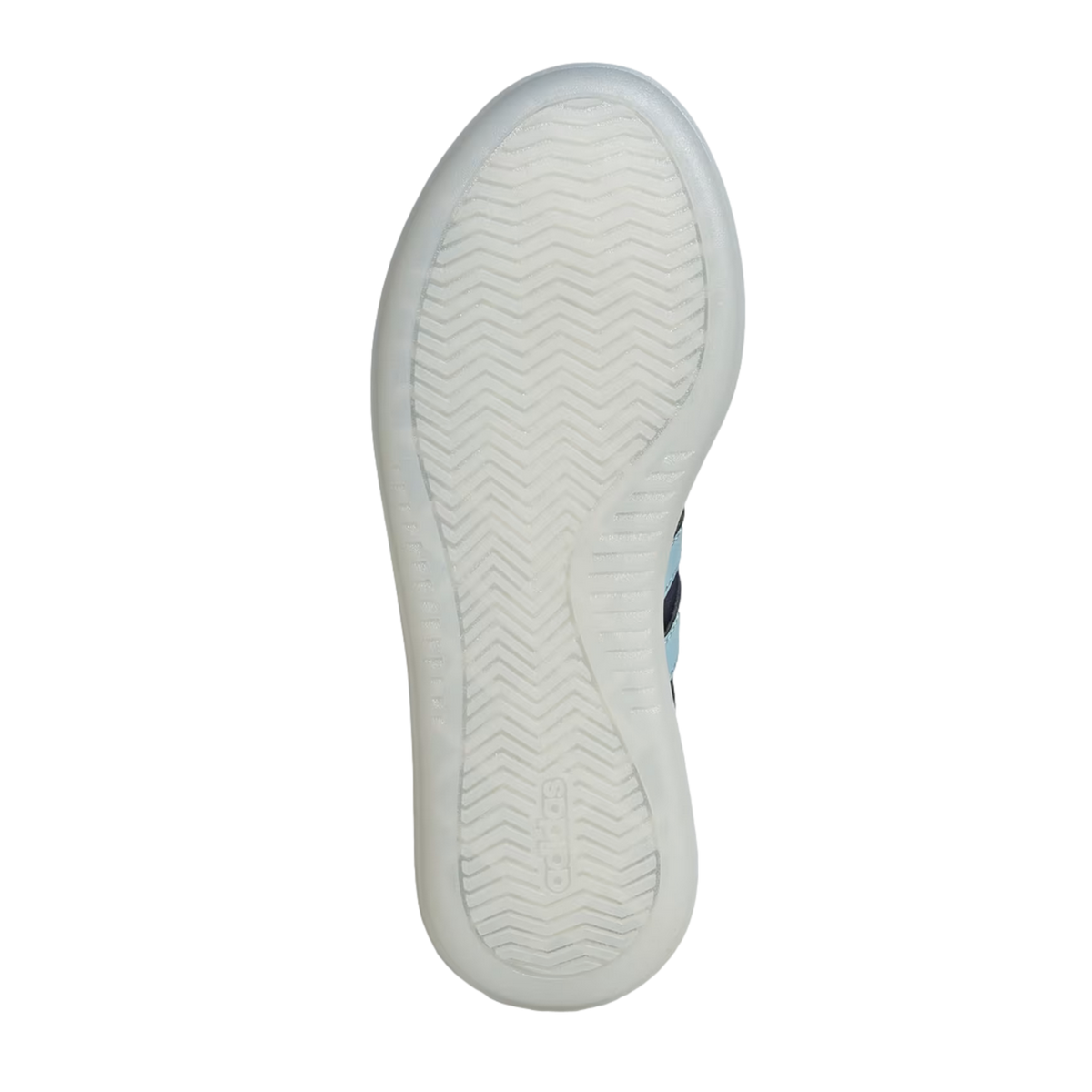 A bottom-up view of a white, translucent Adidas sneaker outsole against a black background. The outsole features a classic herringbone tread pattern and an embossed Adidas logo near the heel.