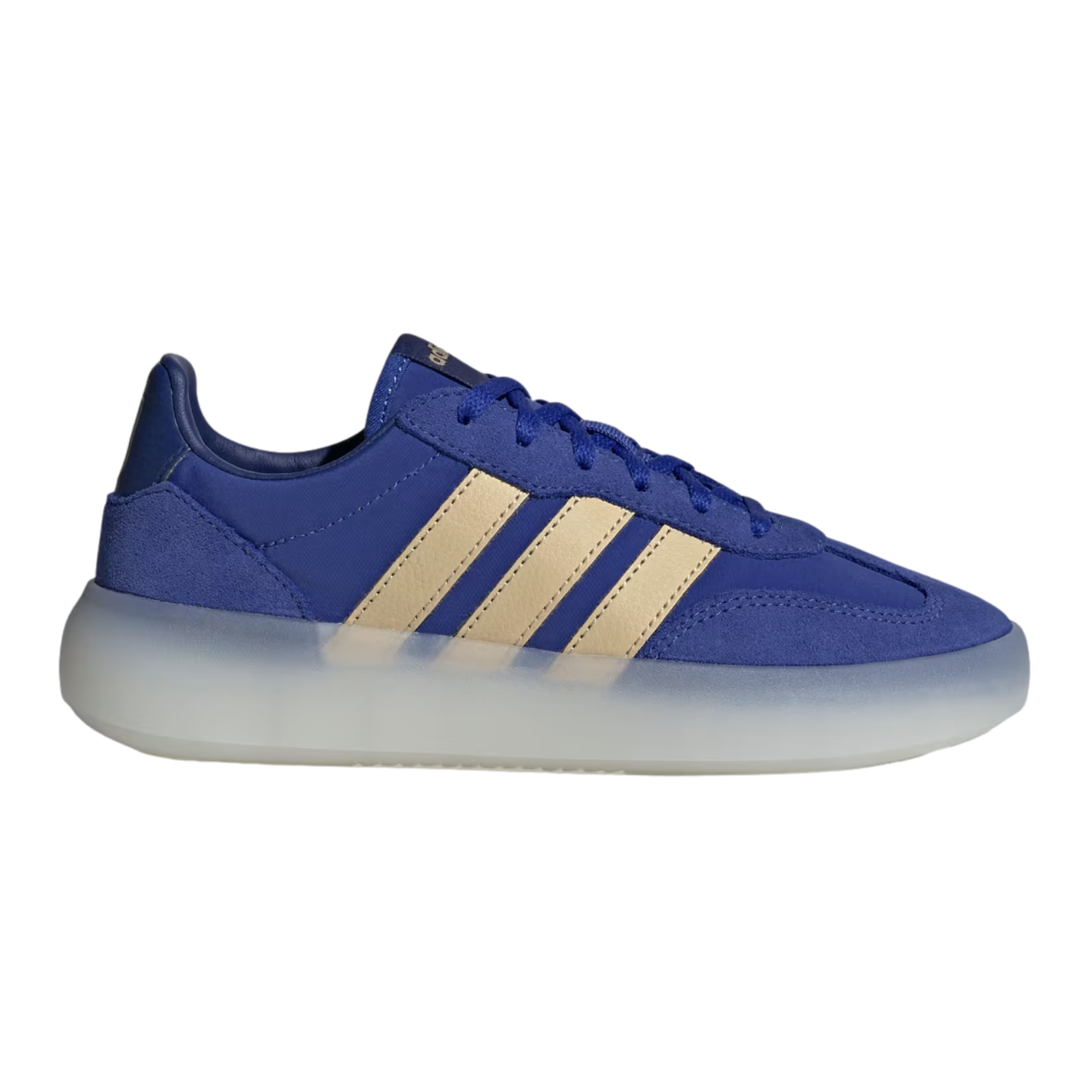 A side profile of a blue Adidas sneaker featuring gold three-stripes and a thick, semi-translucent white midsole. The shoe's upper is made of a mix of blue suede and fabric, with matching blue laces.