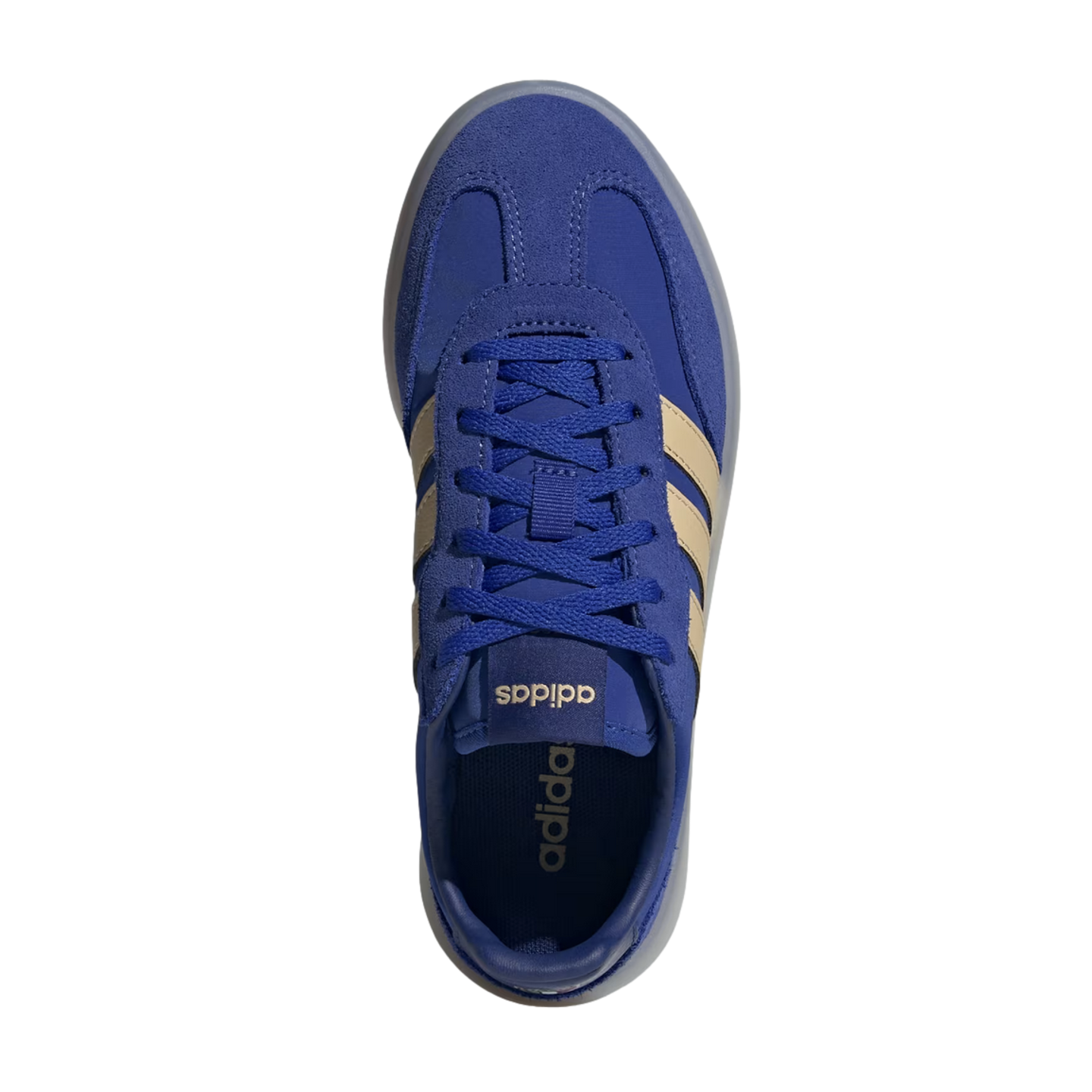 A top-down view of a royal blue Adidas sneaker with tan stripes and blue laces, set against a solid black background.