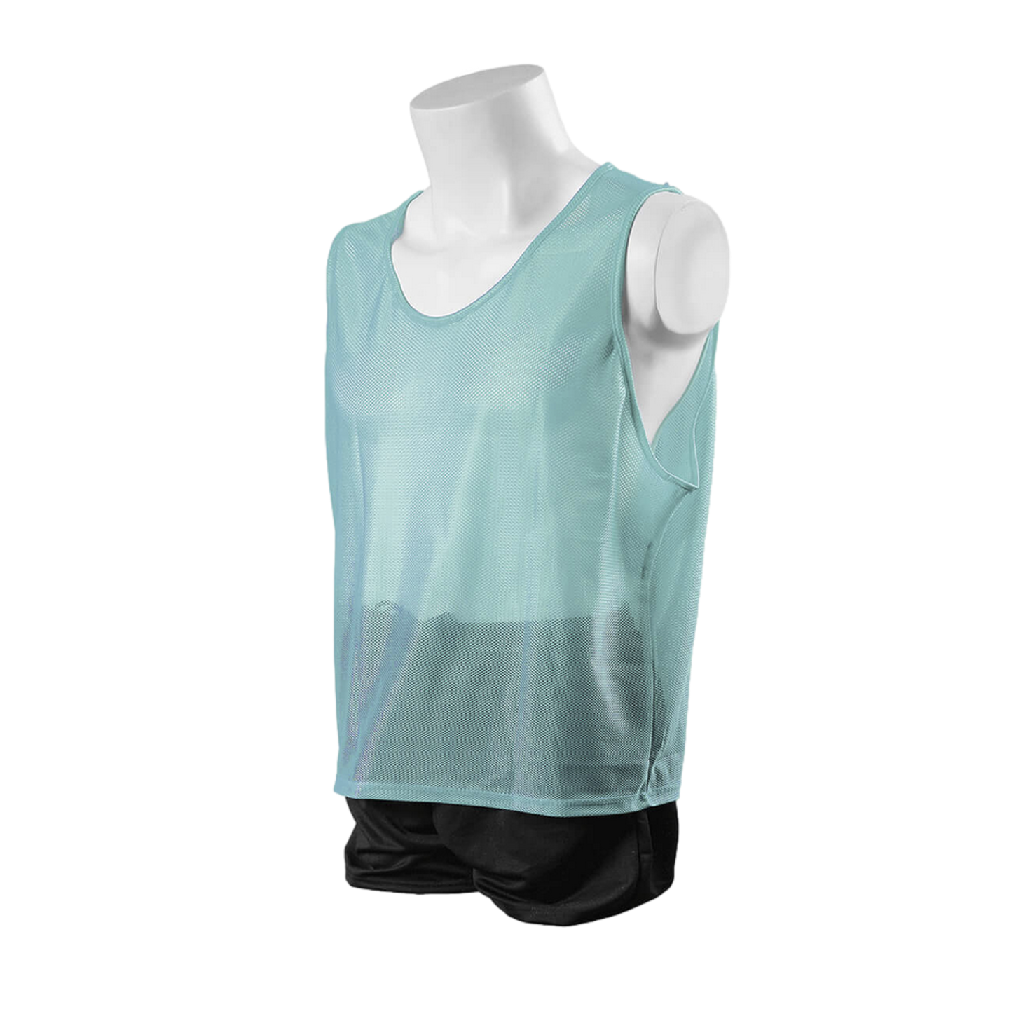 A white mannequin torso and upper legs wearing a light blue mesh training bib and black athletic shorts, set against a solid black background.