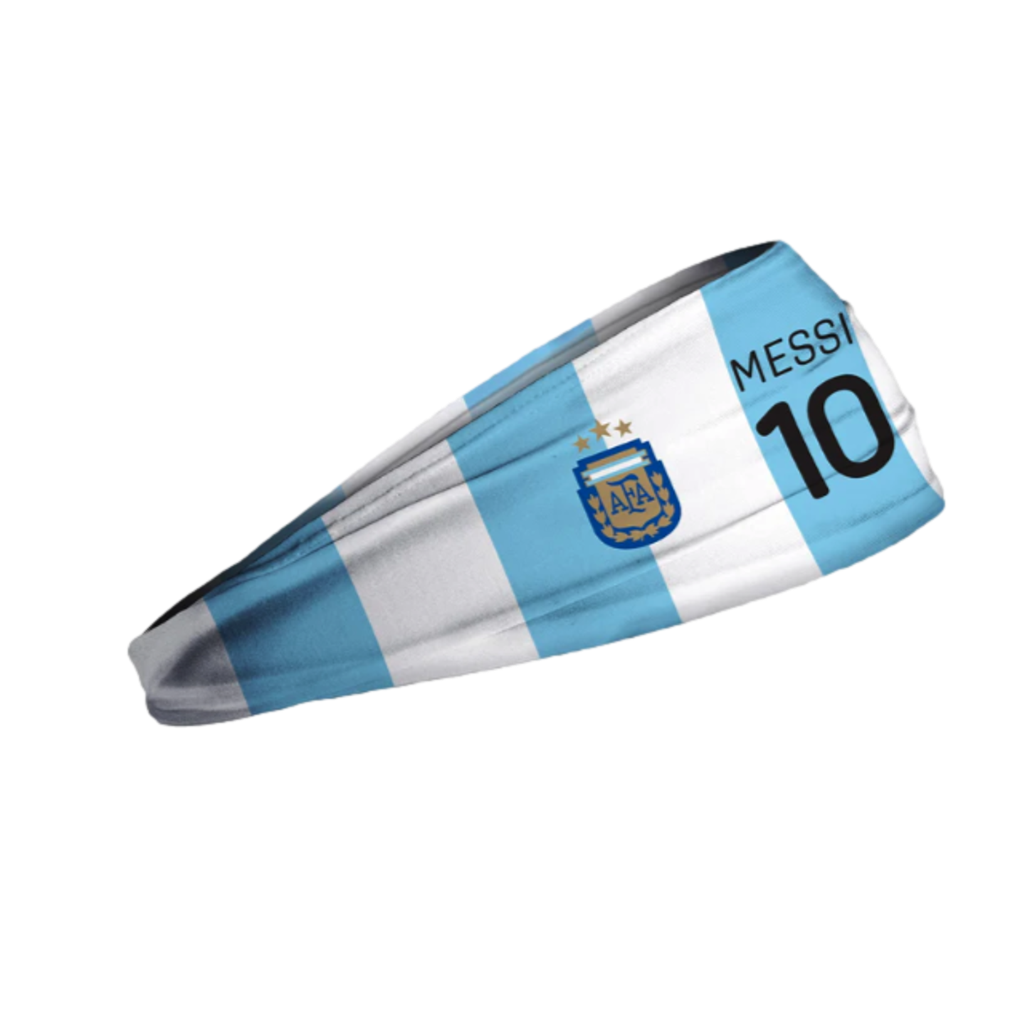 Argentina national football team headband with light blue and white stripes, featuring the AFA crest with three stars and the name "MESSI" with the number "10."