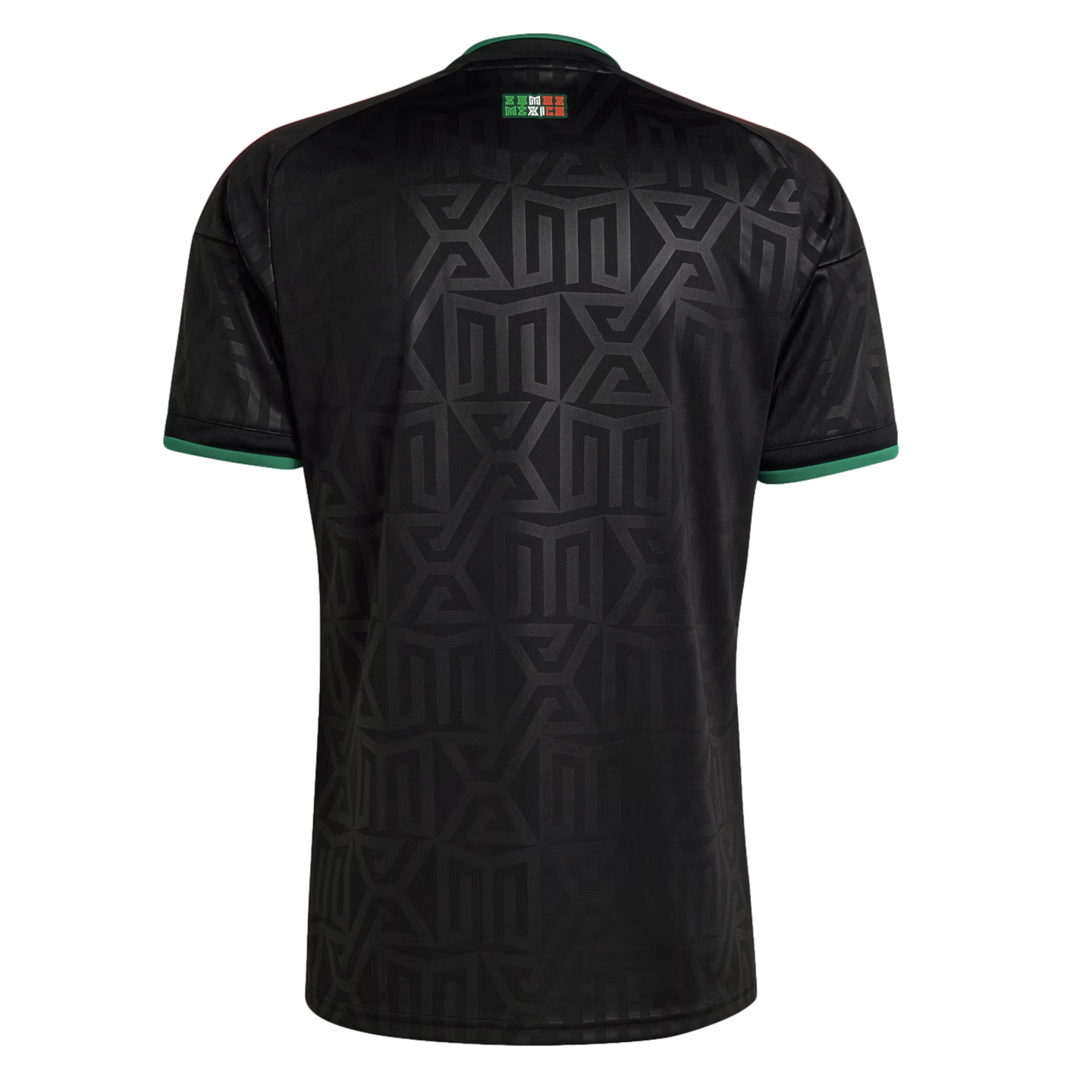 Back view of a black jersey with a tonal geometric pattern, green trim on the collar and sleeve cuffs, and a small Mexico logo on the upper back.
