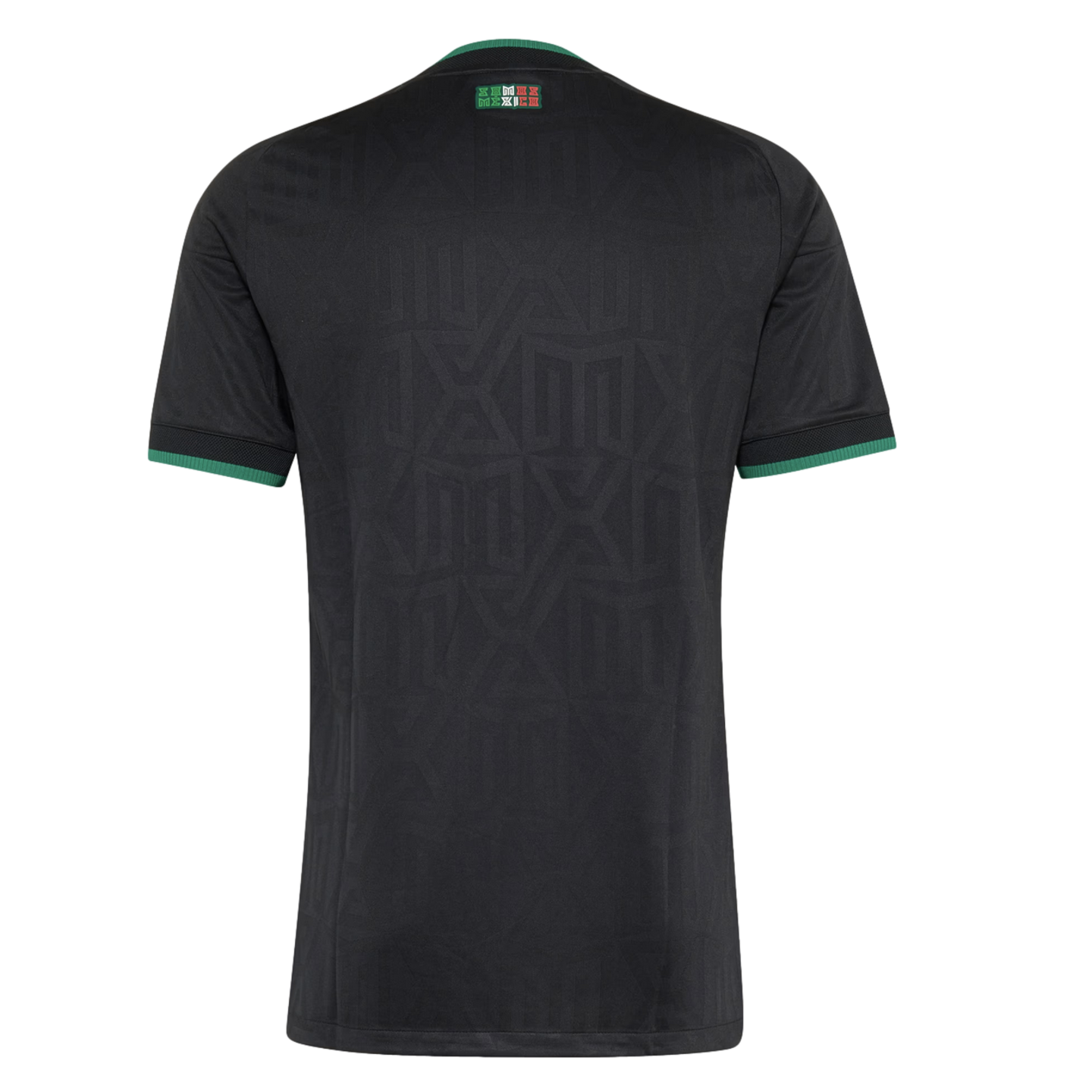 Back of a black jersey featuring a tonal geometric pattern, green trim on sleeves and collar, and a small "MEXICO" logo at the top center.