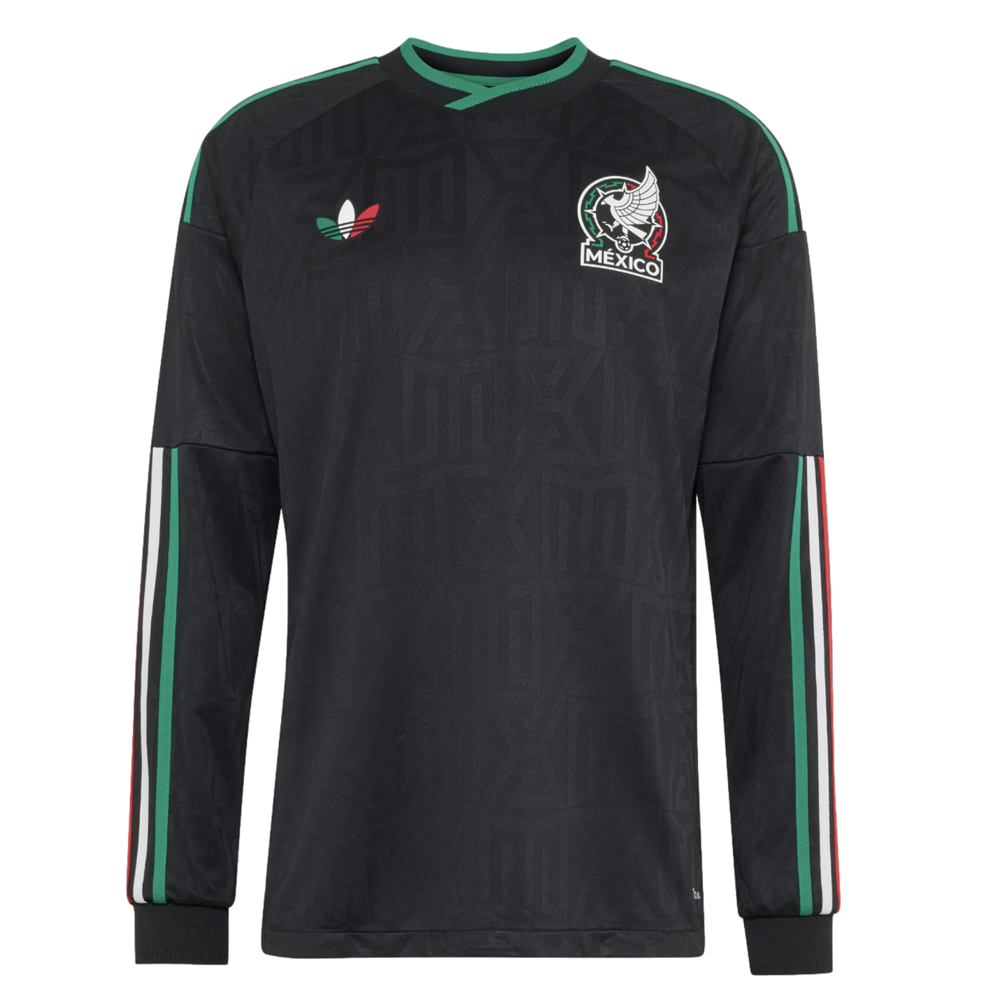 Long-sleeved black Adidas Mexico soccer jersey with a subtle pattern, national team crest, and green, white, and red accents on the collar and sleeves.