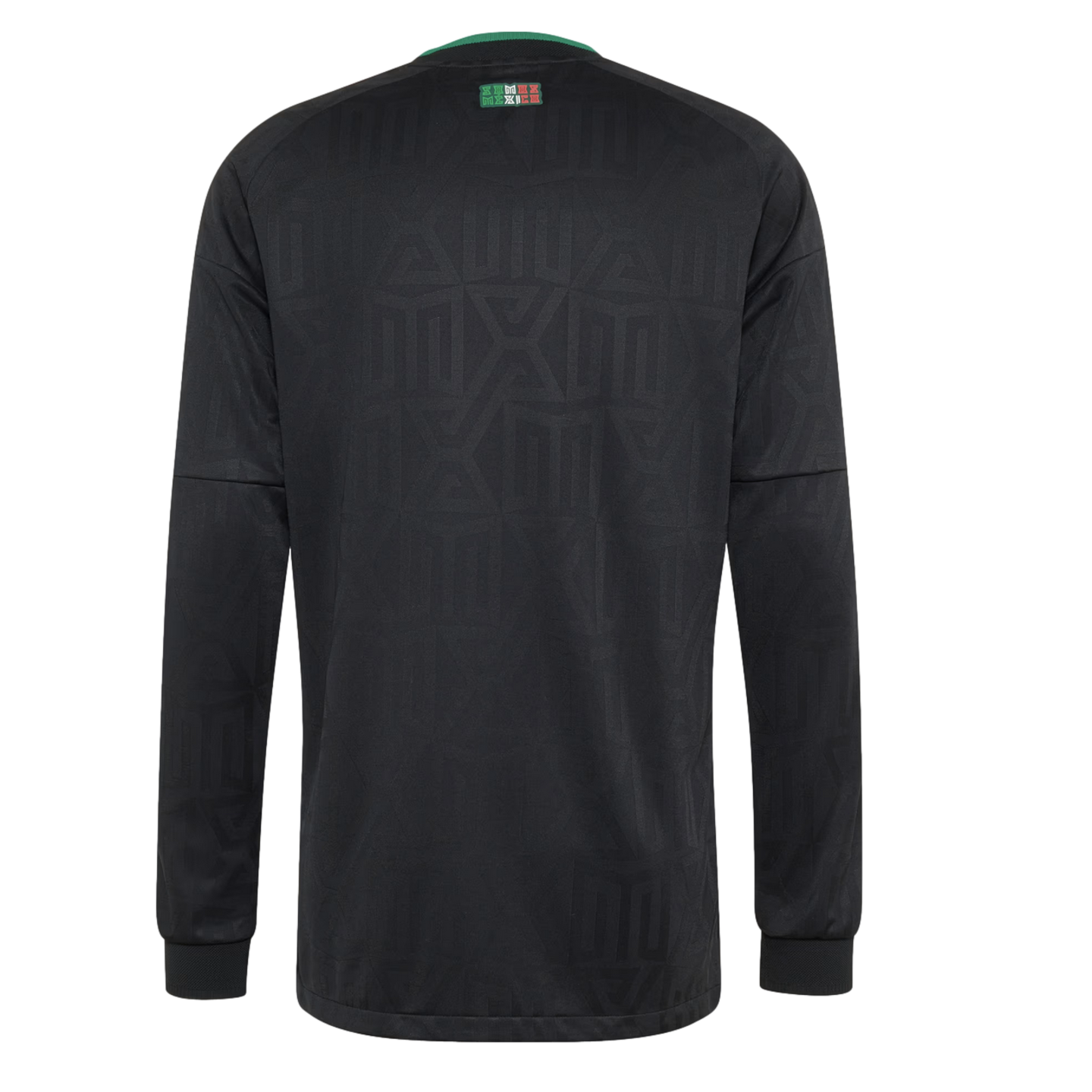 Back view of a black long-sleeved jersey featuring a subtle tonal geometric pattern and a small Mexico logo on the upper back neck area.