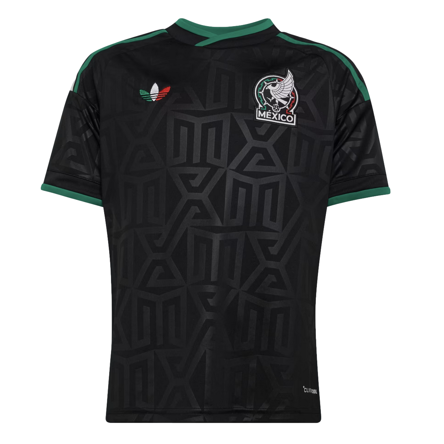 Black Mexico national team soccer jersey with a tonal Aztec geometric pattern, green trim, the team crest, and a tricolor Adidas Trefoil logo.