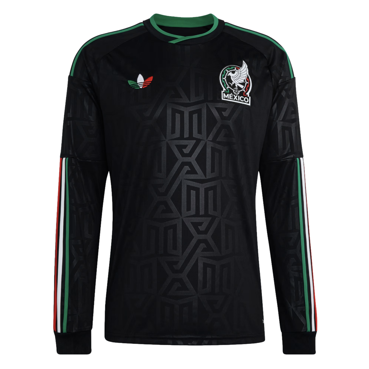 Black long-sleeved Mexico national team soccer jersey with an embossed geometric pattern, team crest, and tricolor accents on the sleeves and brand logo.