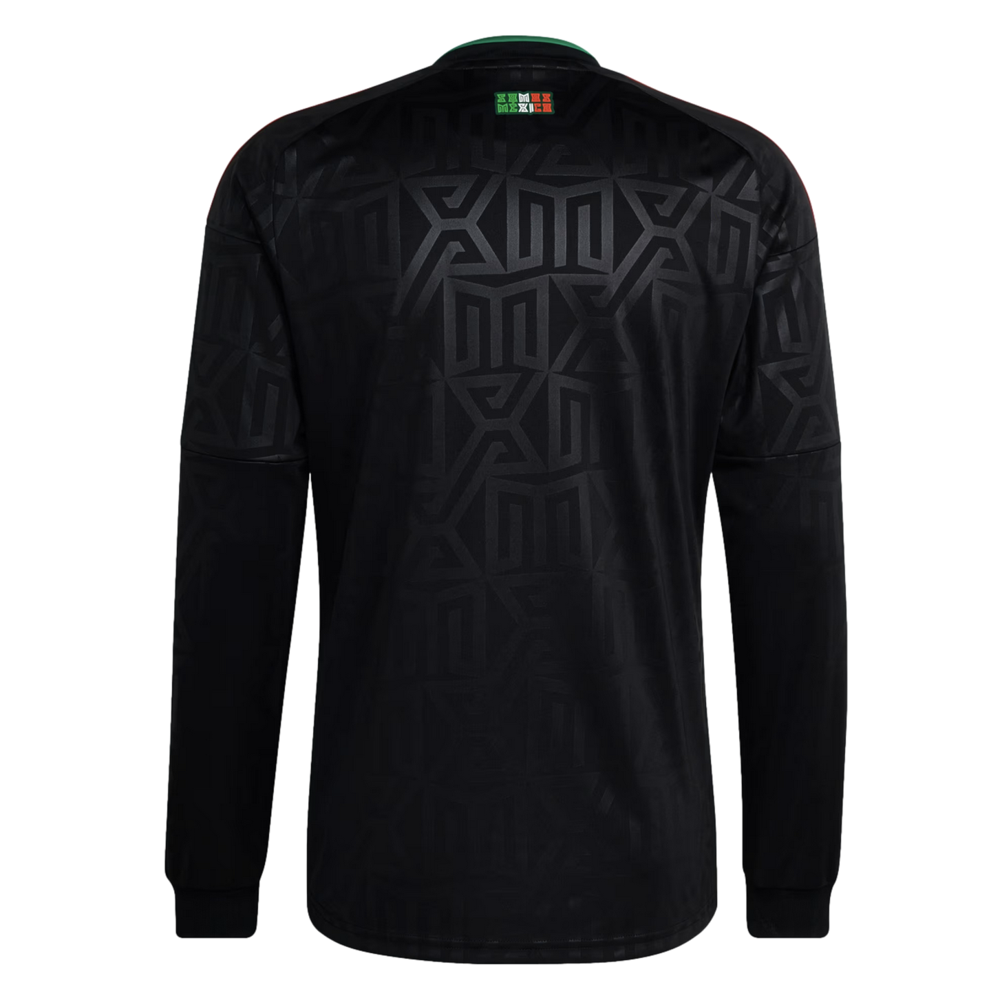 Back of a black long-sleeved jersey with a tonal geometric pattern and a small green, white, and red "MEXICO" logo on the upper back.