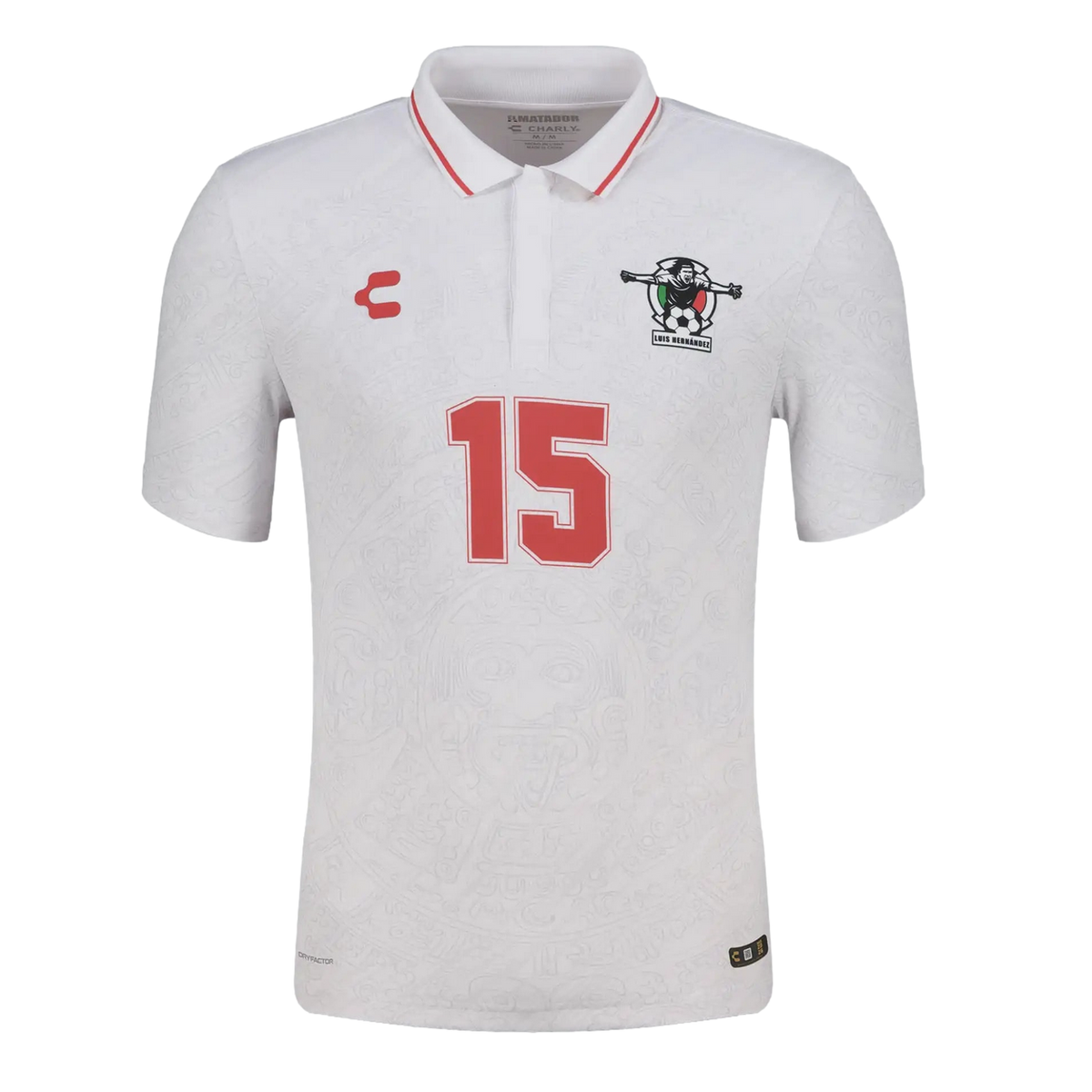 White Charly soccer polo with red number 15, a Luis Hernández crest, and a subtle embossed Aztec calendar pattern.