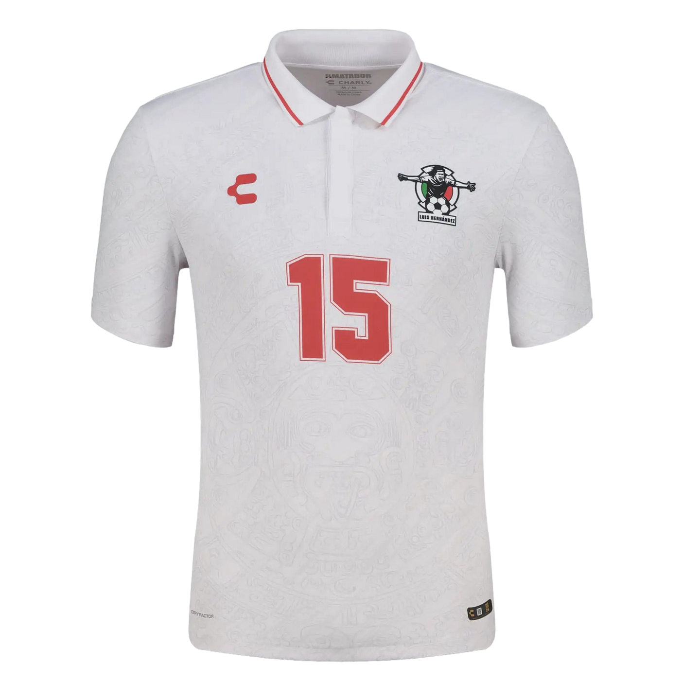 White Charly soccer polo with red number 15, a Luis Hernández crest, and a subtle embossed Aztec calendar pattern.