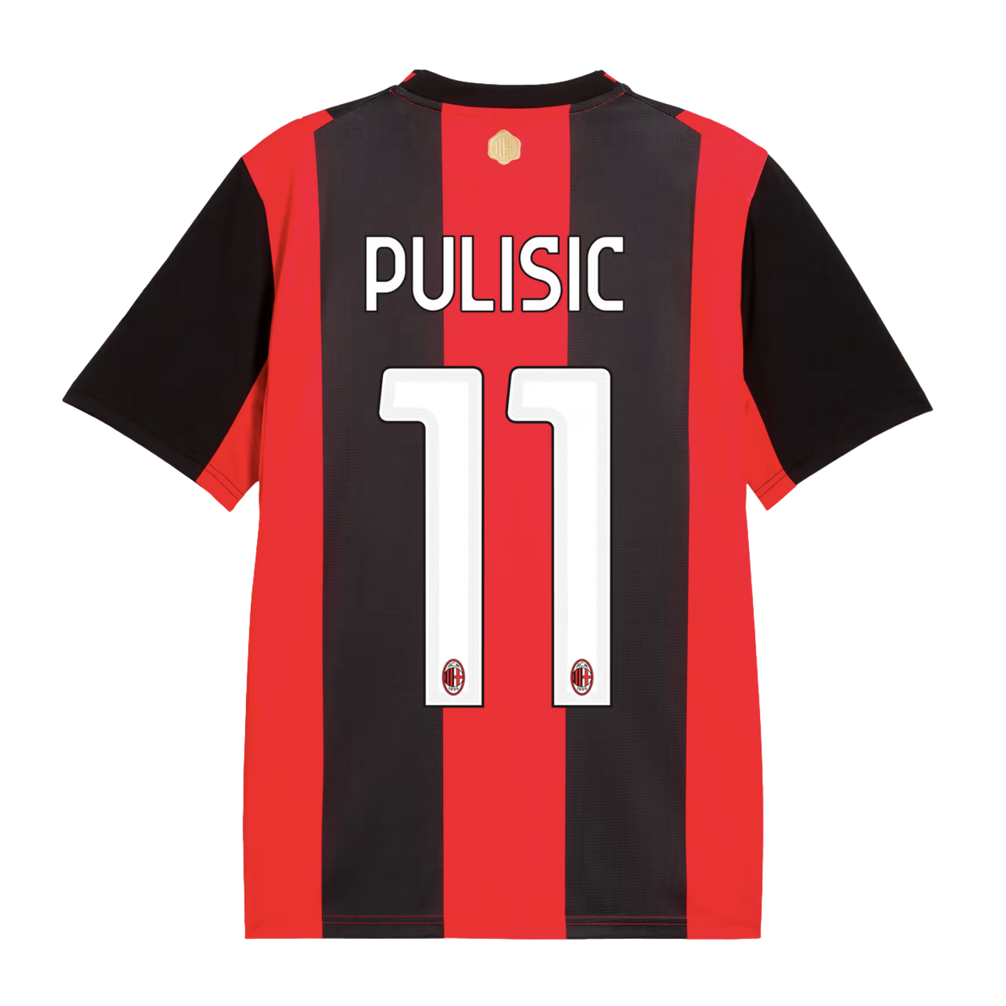 Back view of a red and black vertical-striped AC Milan soccer jersey, featuring the name "PULISIC" and the number "11" printed in white.