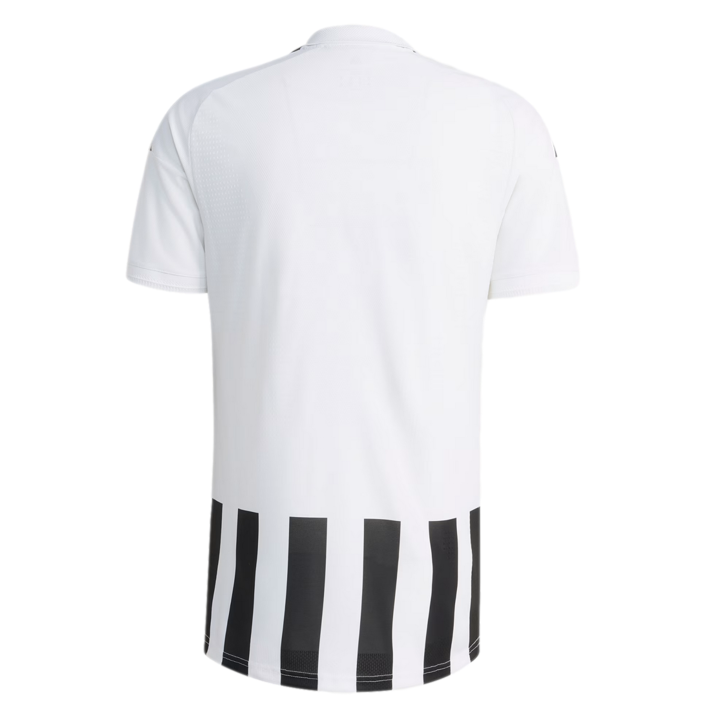 Back view of a white short-sleeved jersey featuring vertical black and white stripes along the bottom hem, centered against a white background.