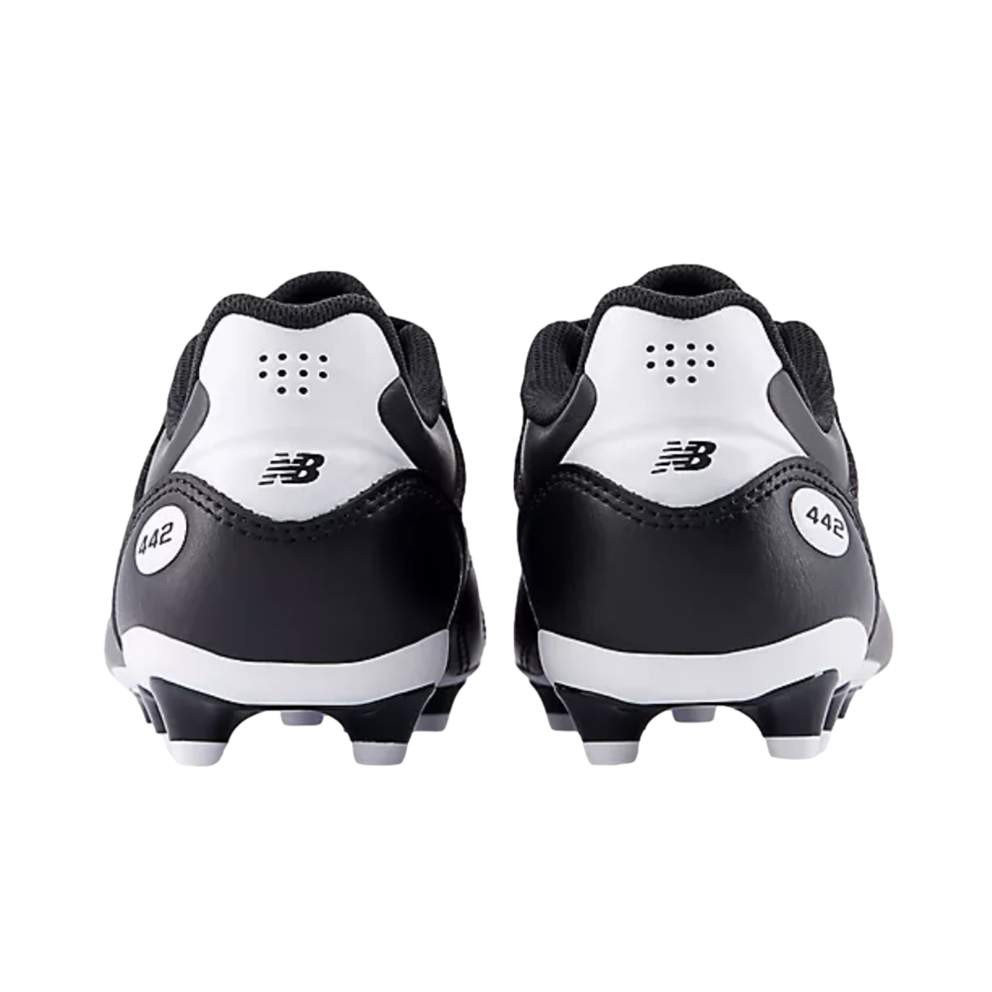 Rear view of two black and white New Balance 442 soccer cleats, showing the heel counters and molded studs.