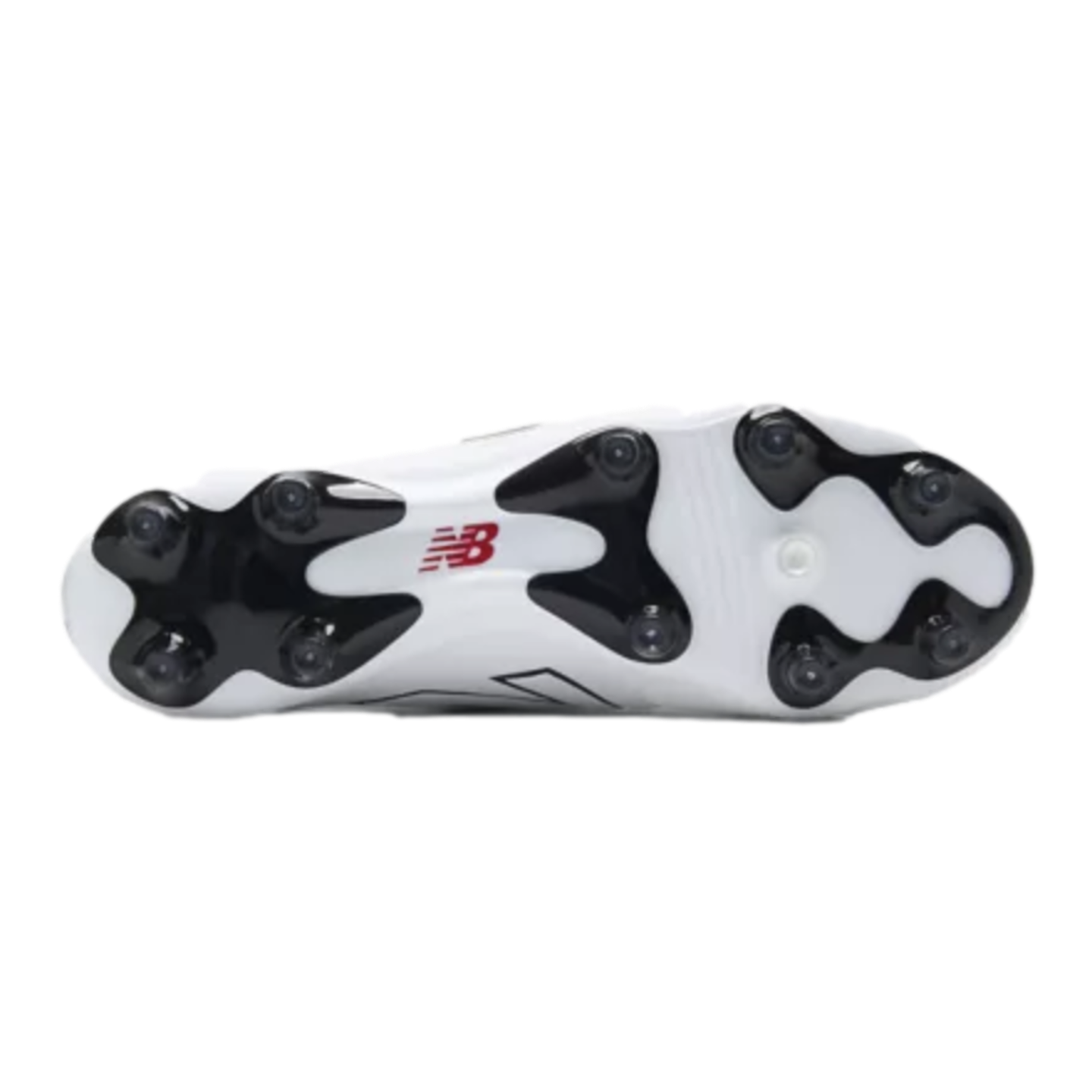 Bottom view of a white New Balance soccer cleat featuring black molded studs and a red logo on the sole.