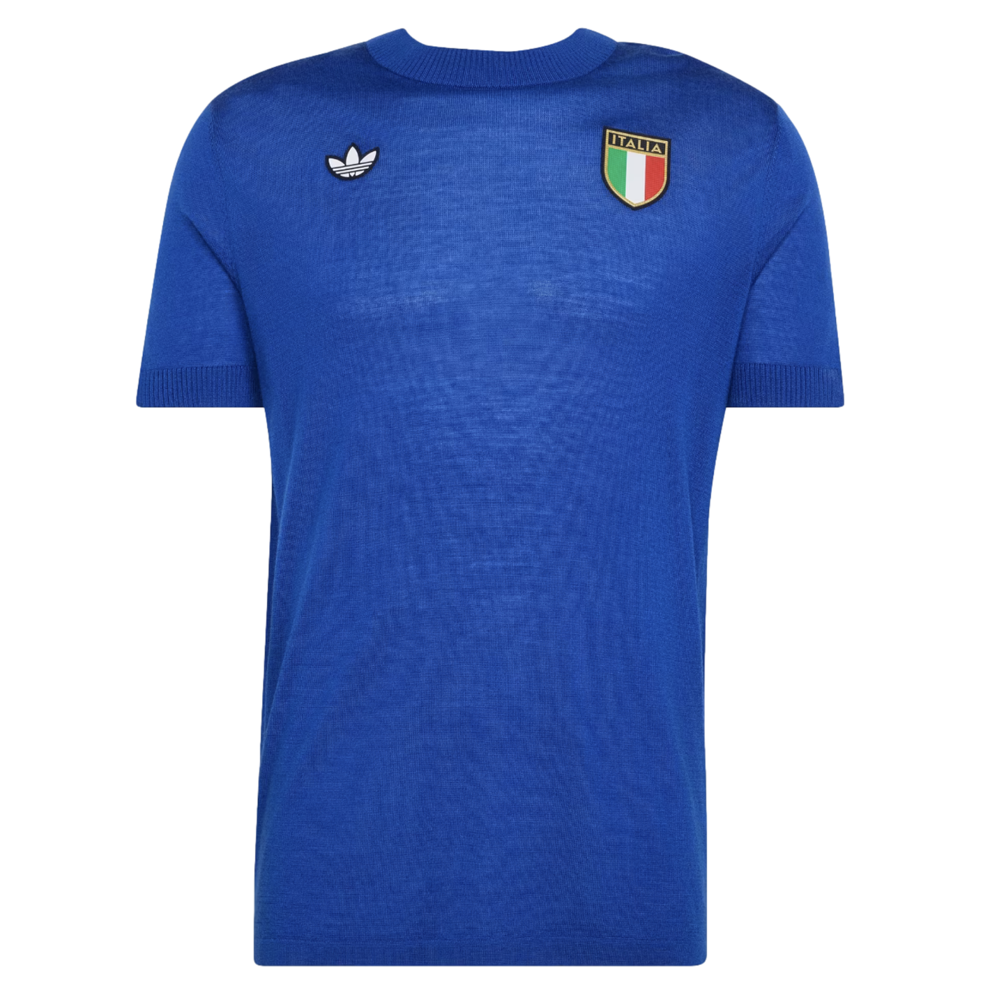 A royal blue knit short-sleeved shirt with a white Adidas logo on the right chest and an "Italia" shield crest on the left chest.