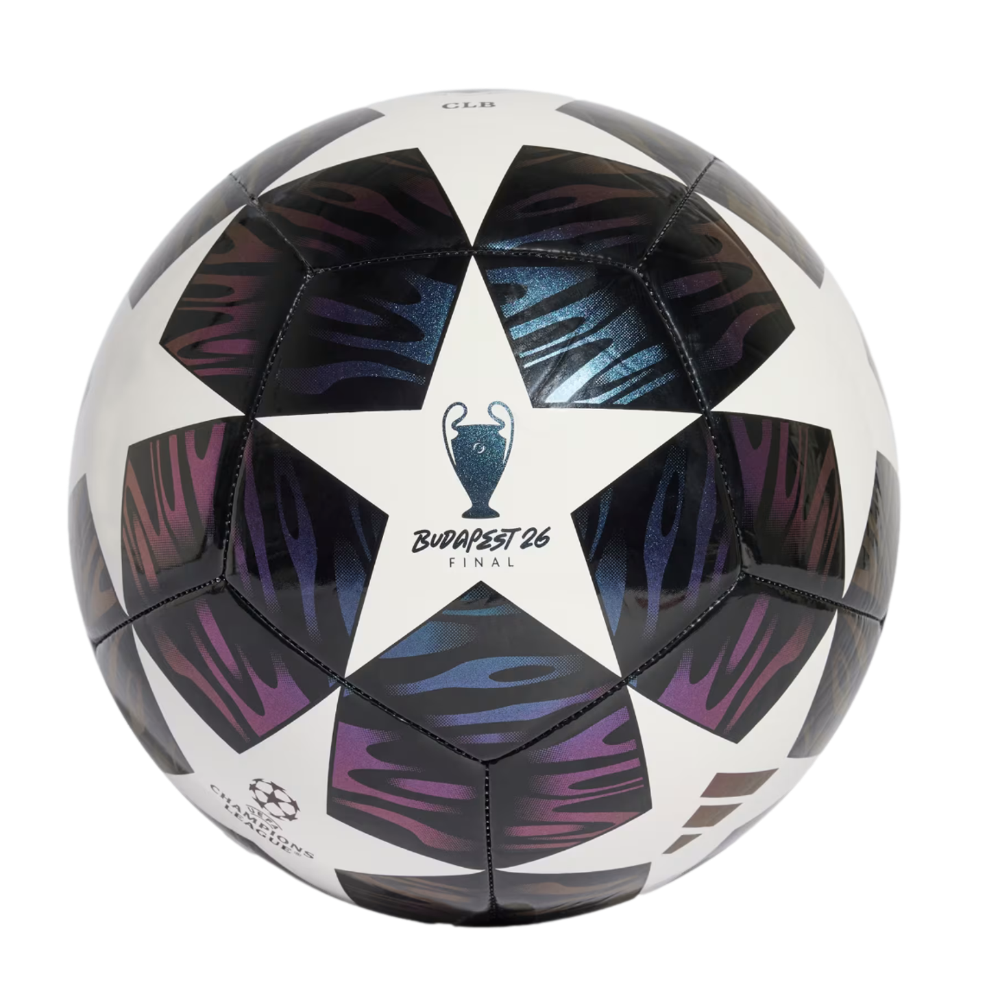 White soccer ball with iridescent, wavy-patterned star panels. A central star displays the UEFA Champions League trophy and "BUDAPEST 26 FINAL" text.
