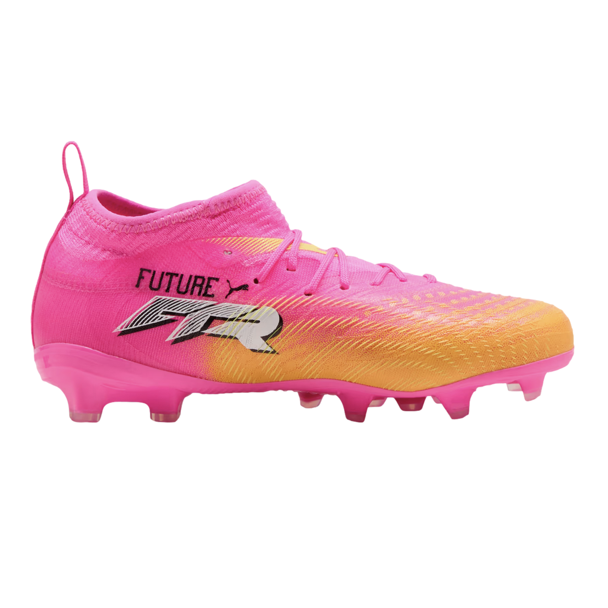 A side profile of a Puma Future soccer cleat with a pink-to-orange gradient upper, pink studs, and black and white "FUTURE FTR" branding on a white background.