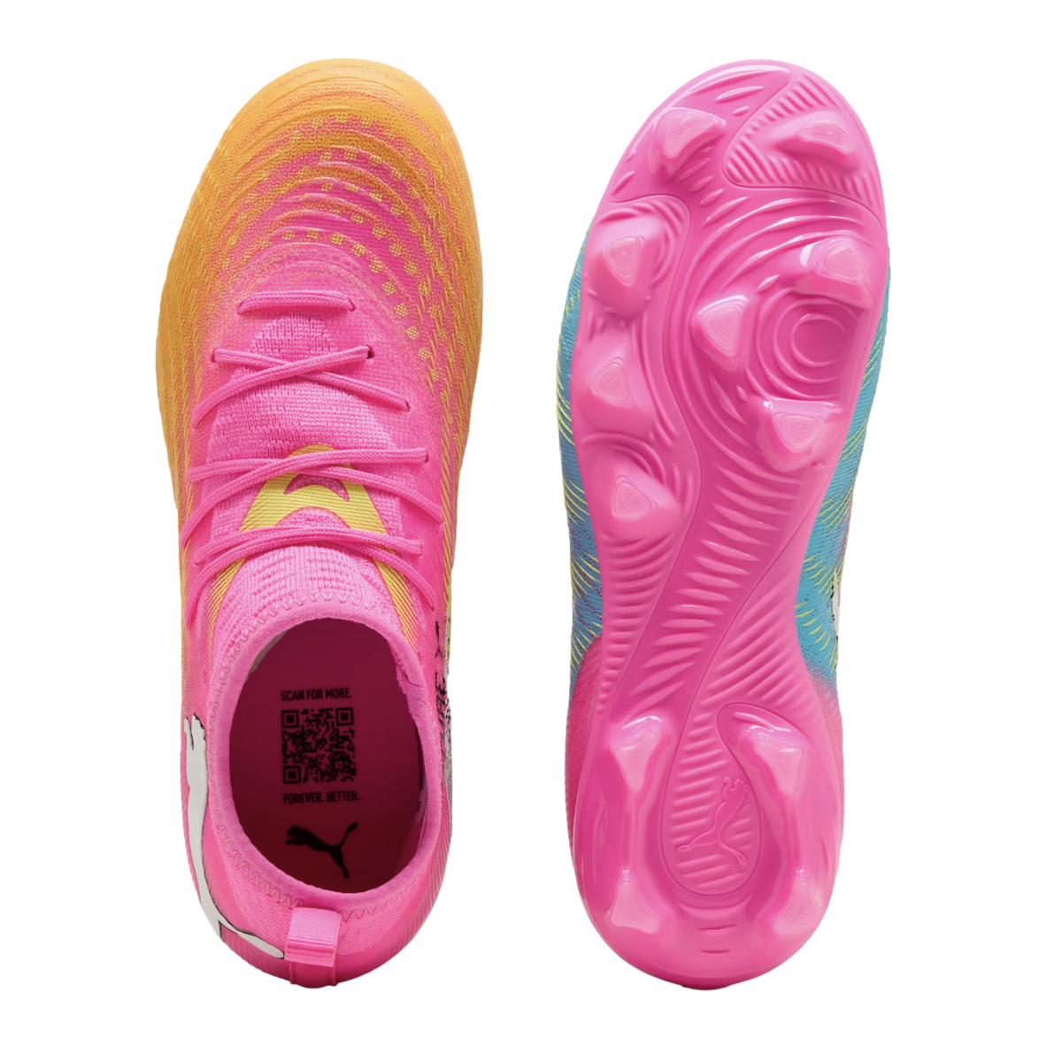 Top and bottom views of a Puma soccer cleat in vibrant pink and orange with blue accents. Features a textured upper, pink laces, and a bright pink studded outsole.