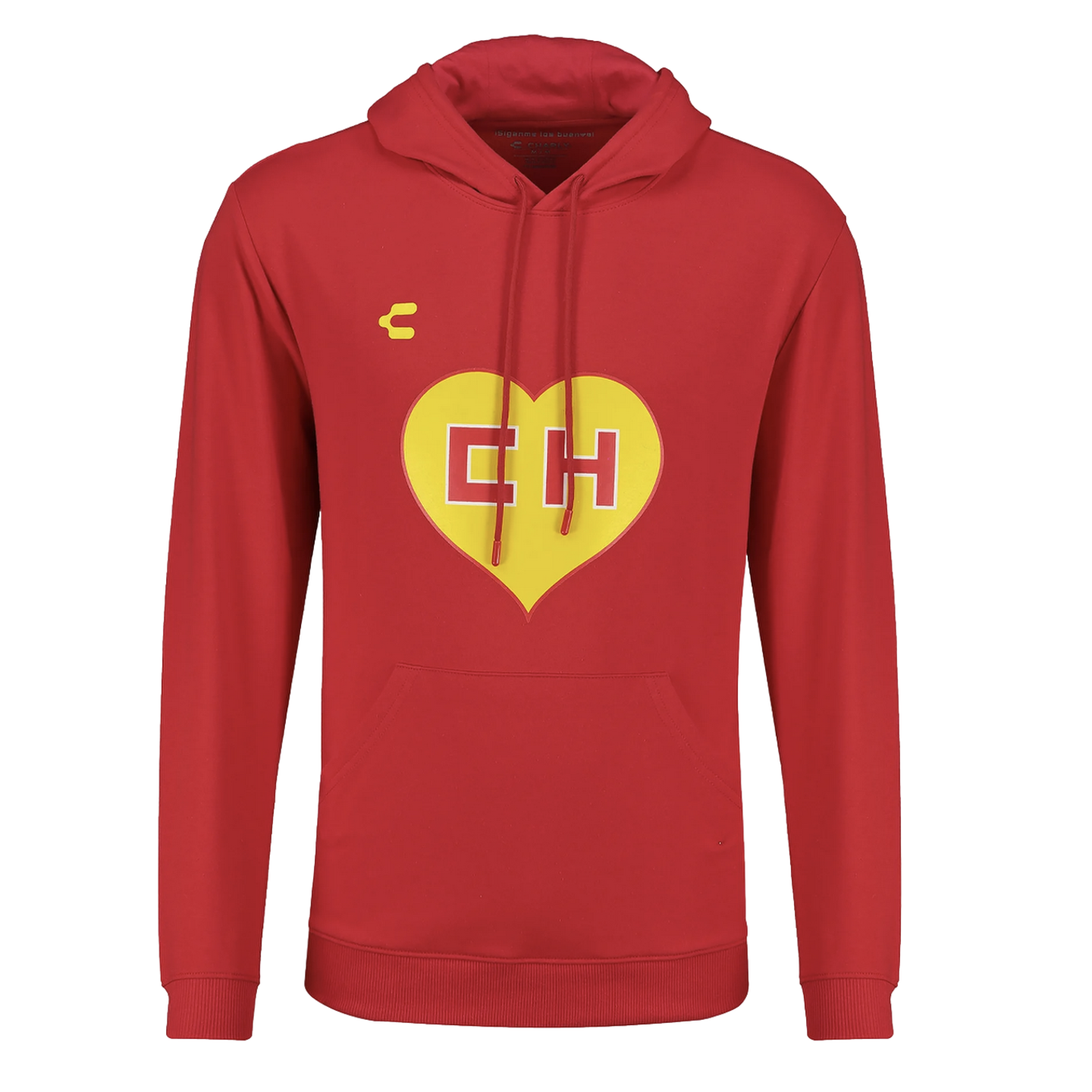 Red hoodie featuring a yellow heart with red "CH" letters on the chest, a front kangaroo pocket, and a small yellow logo on the left side.