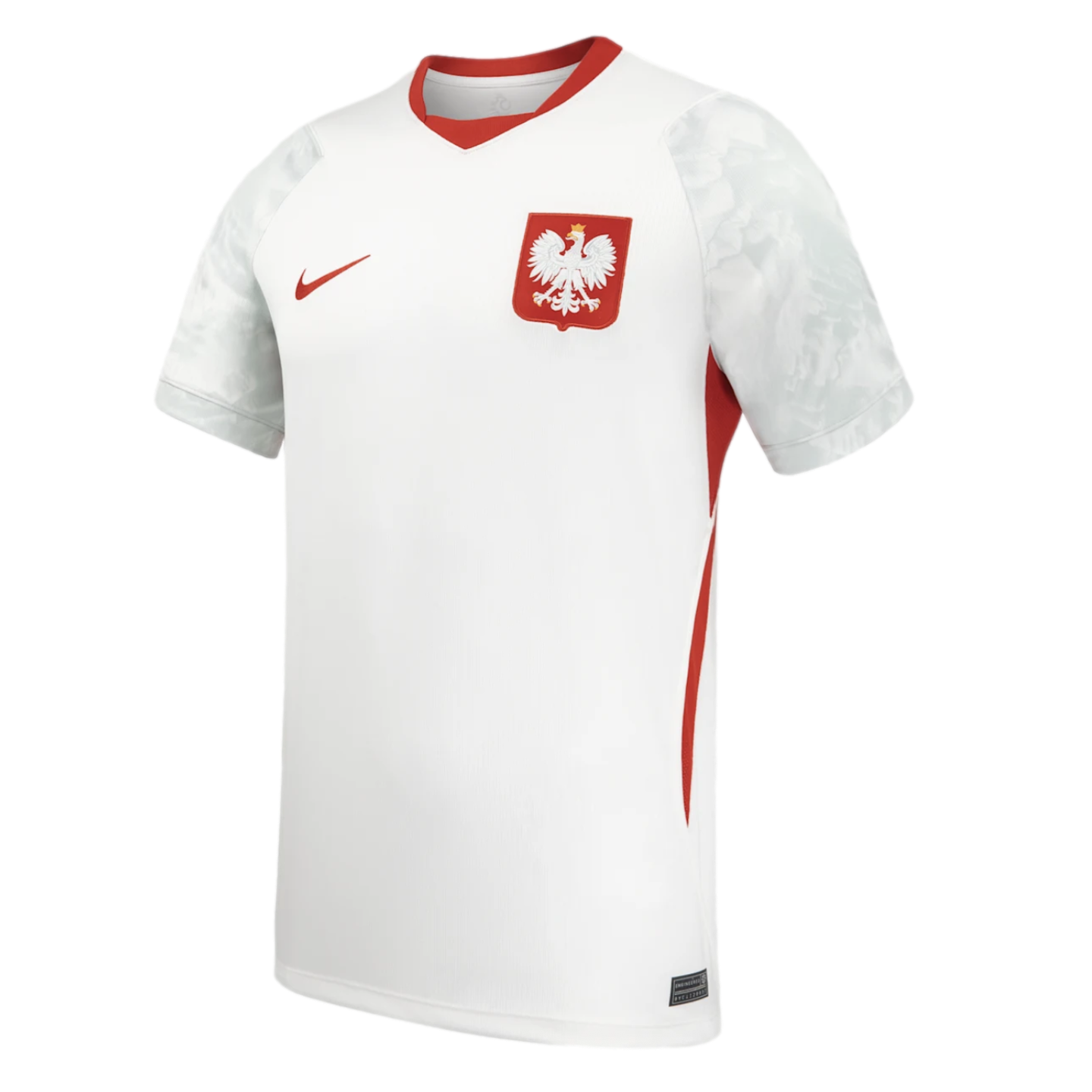 White Nike Poland national soccer jersey with red v-neck and side stripes. Features a red swoosh and centered eagle crest, with a subtle grey pattern on the sleeves.
