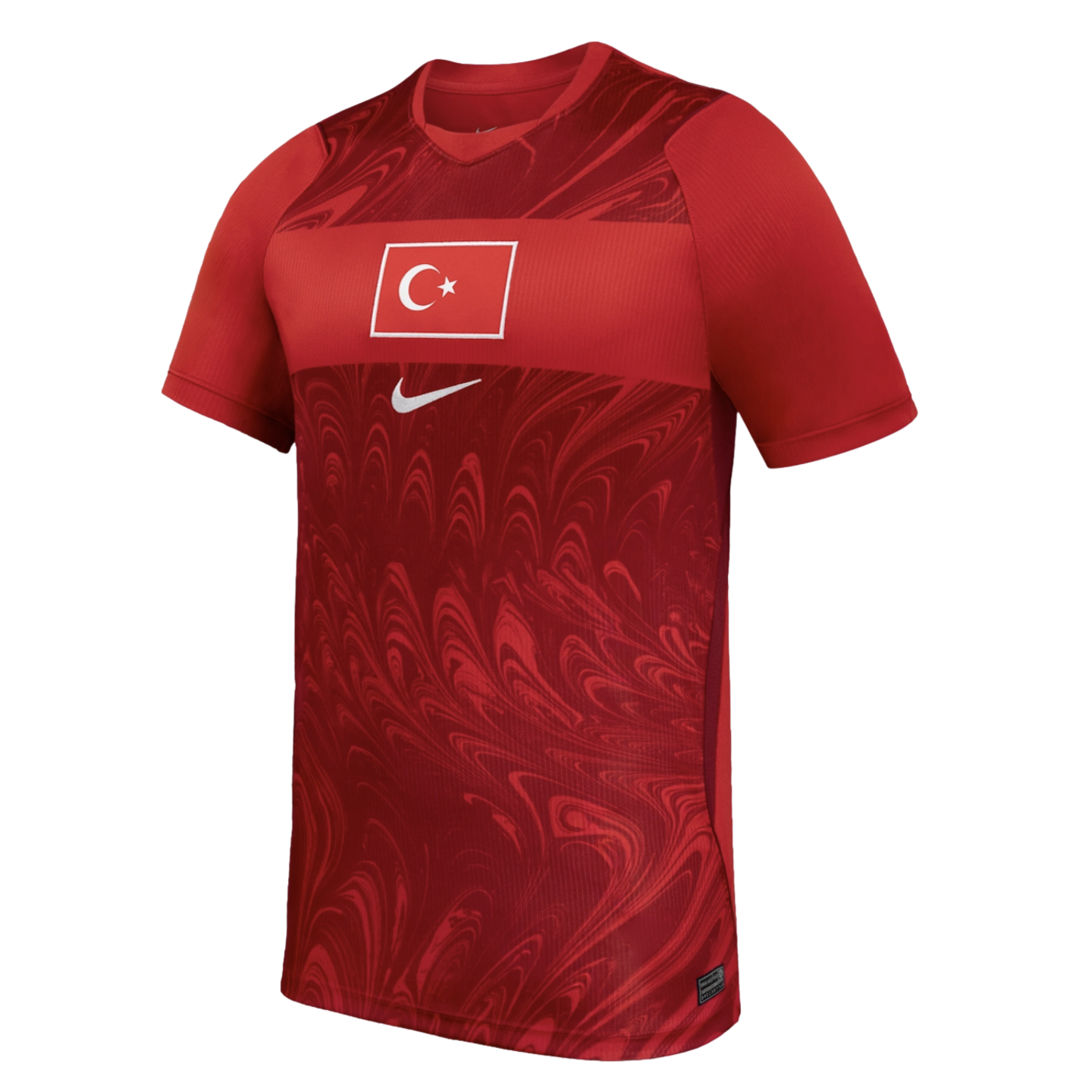 Red Nike Turkey national team soccer jersey featuring a marbled swirl pattern and the Turkish flag on the chest.