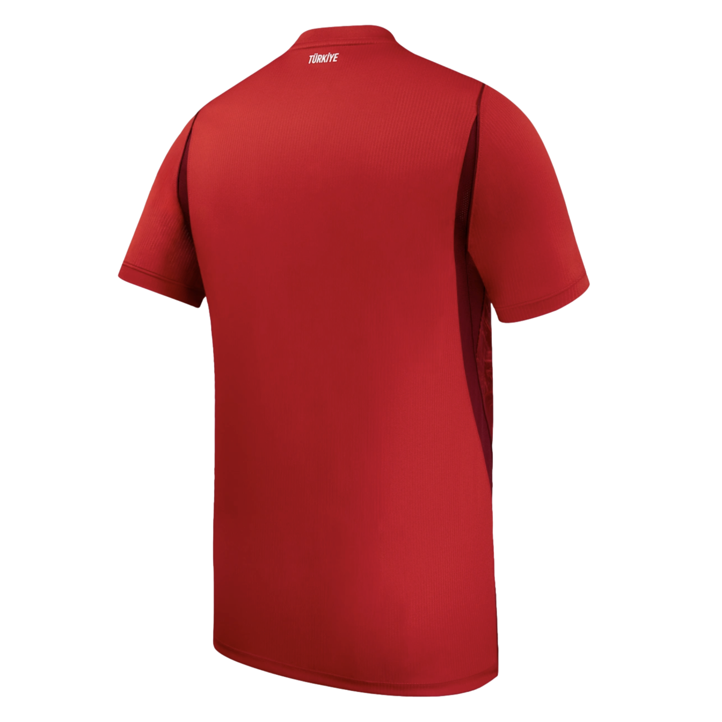 Back view of a red Türkiye sports jersey with white "TÜRKİYE" text at the neck and dark red side panels.