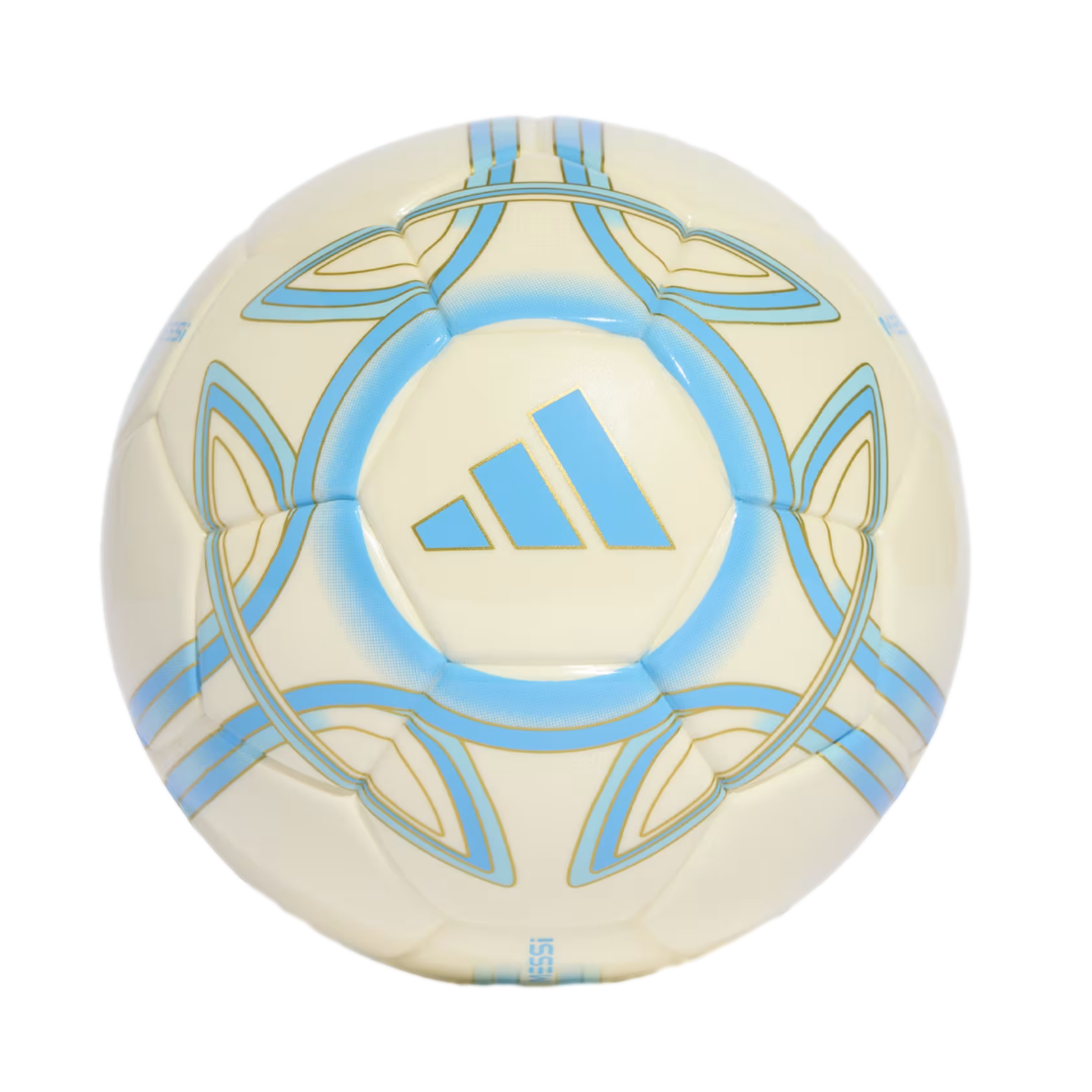 Off-white Adidas Messi soccer ball featuring light blue and gold graphic designs.