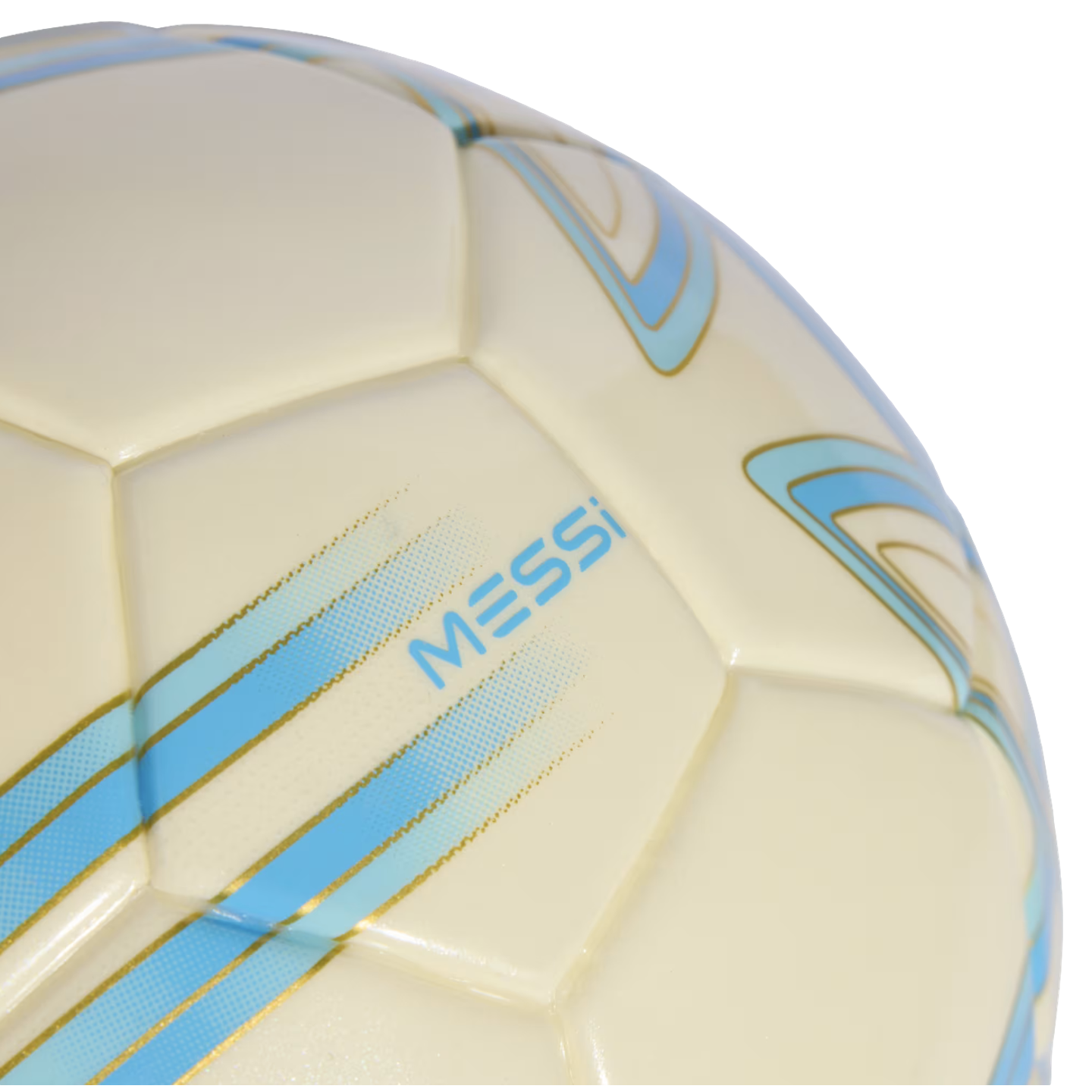 Close-up of an off-white soccer ball with blue and gold diagonal stripes and the name "MESSI" printed in blue.