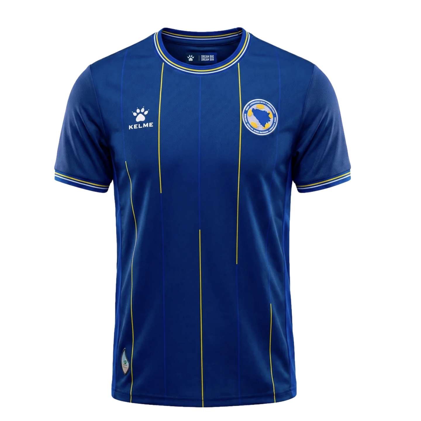 Blue Kelme soccer jersey with thin, staggered yellow vertical stripes and a circular team crest on the chest.