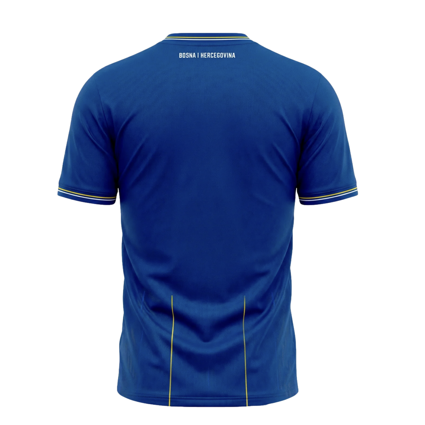 Back view of a blue soccer jersey with "BOSNA I HERCEGOVINA" in white. Features yellow and white trim on collar and sleeves, and two thin yellow vertical lines at the bottom hem.