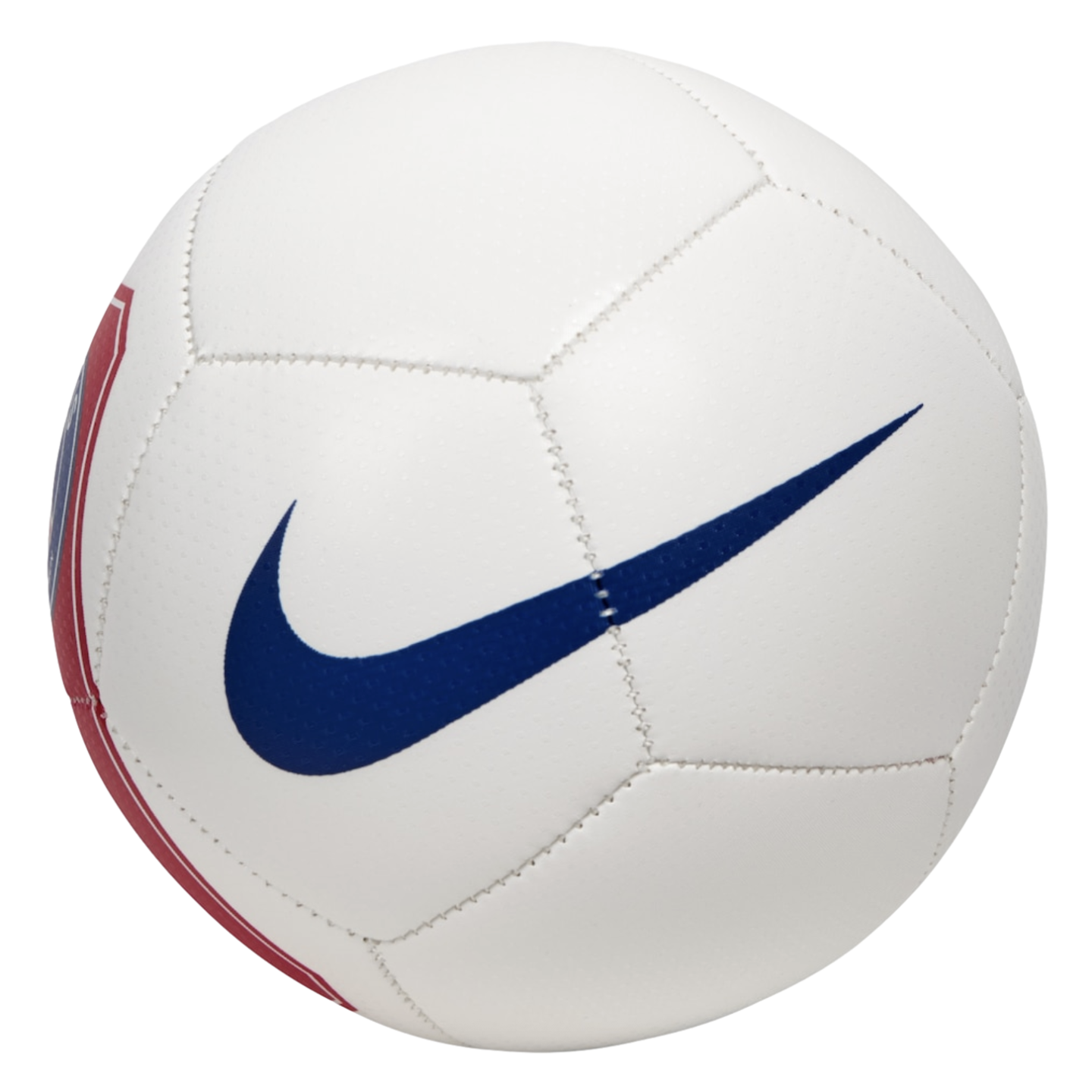 White soccer ball with a blue Nike swoosh. A red team crest is partially visible on the left side.