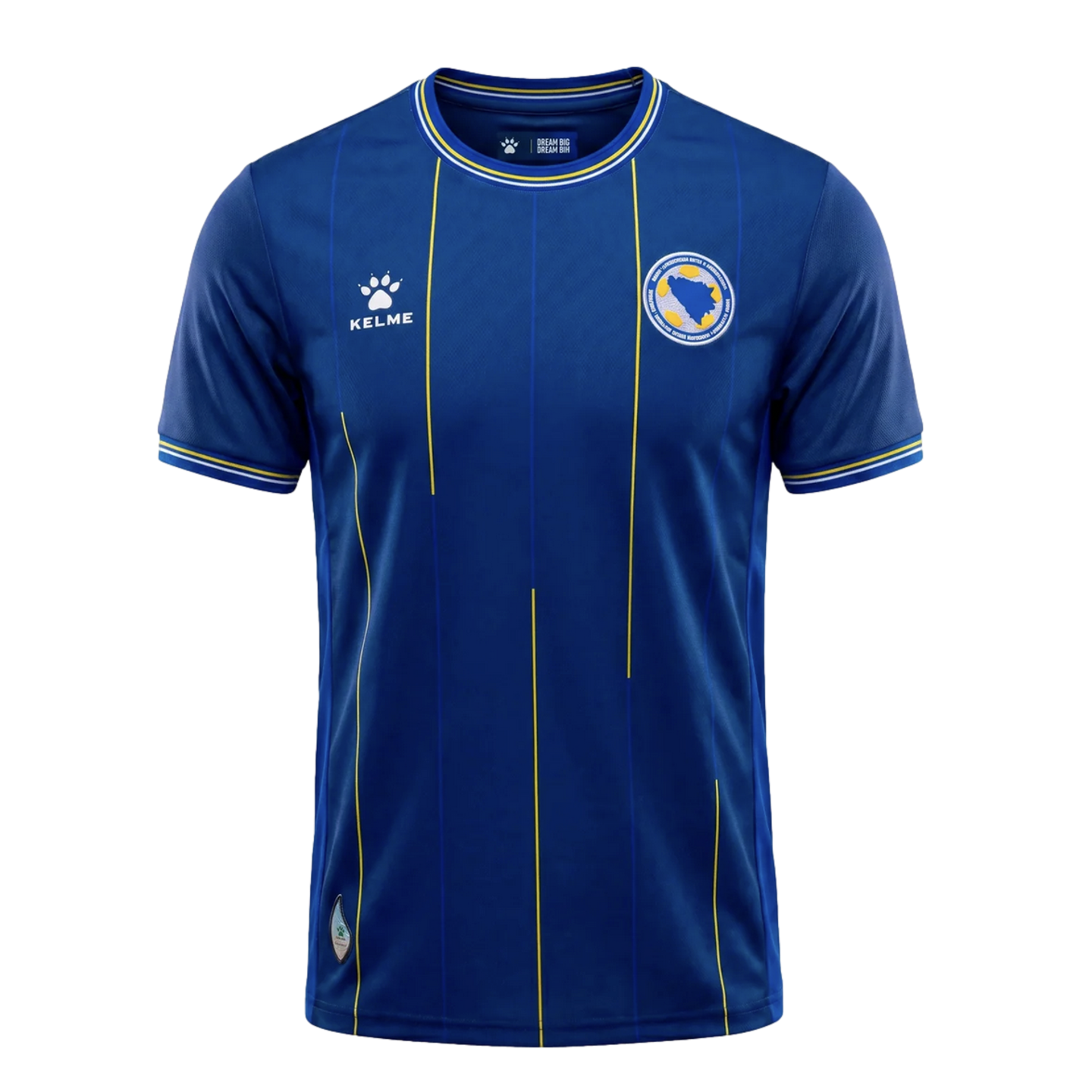 Royal blue Kelme football jersey for Bosnia and Herzegovina, featuring thin vertical yellow stripes and the national team crest.