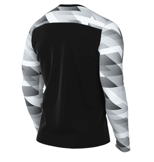 Rear view of a black long-sleeved athletic shirt featuring white and grey zig-zag geometric patterns on the sleeves and upper back.