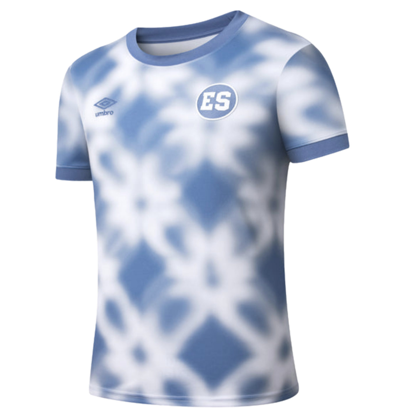 White and blue Umbro jersey with a blurred diamond tie-dye pattern. Features blue ribbed collar and cuffs, with the Umbro logo and a circular "ES" badge on the chest.