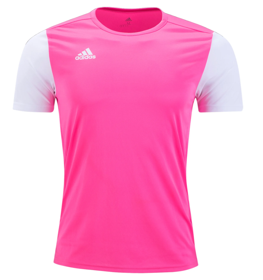 Hot pink Adidas sports jersey featuring short white sleeves and a white logo on the chest.